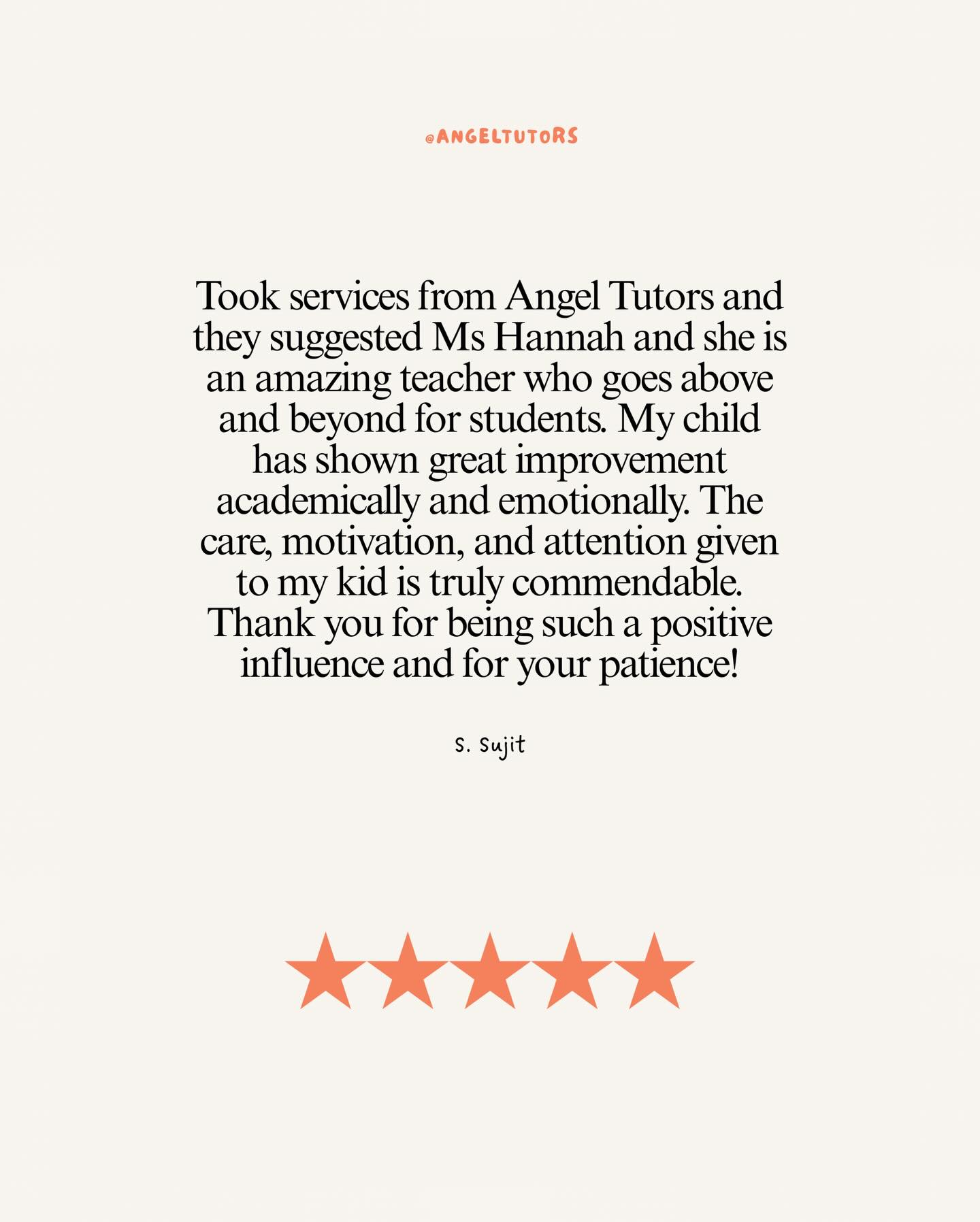 Another 5 star ⭐️ review for Angel Tutors ✨
We are so proud of Ms Hannah for the incredible impact she continues to make. Supporting not only academic progress but emotional growth too is at the heart of what we do.
Thank you to this lovely family for trusting us with your child’s journey and well done to our amazing tutor for going above and beyond 🧡
If you’re looking for personalised 1:1 support with real results, we’re here to help.
#AngelTutors #5StarReview #dubaitutors #dubaiparents #britishcurriculum