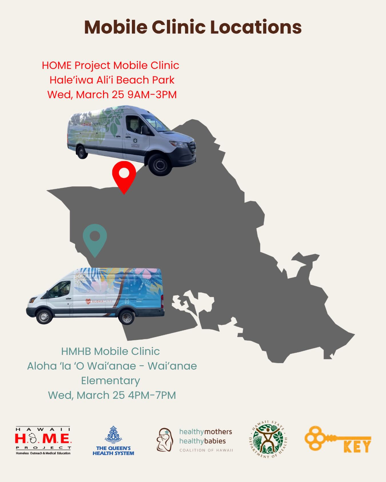 UPDATED Mobile Clinic Locations for Wednesday, March 25, 2026 🤍
Stop by our Haleʻiwa or Waiʻanae sites for care, support, and resources.
#hmhbhawaii #communitycare #haleiwabeachpark #waianaeelementary