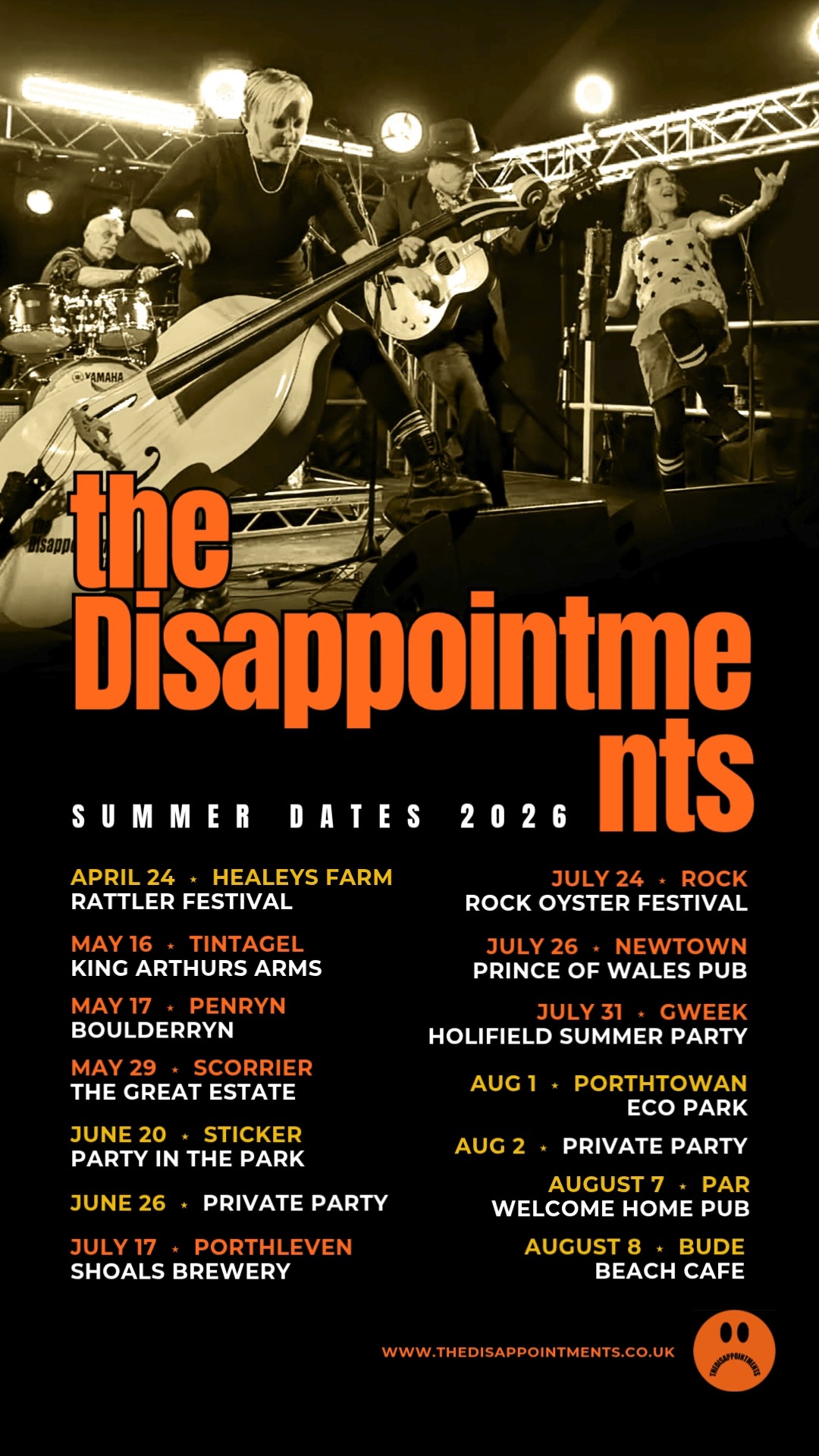 🧡🧡🧡🧡 Here's where and when we're playing LIVE in Cornwall this Summer! Catch us if you can before we begin our 'Tour de France' in August (watch this space for more details!)
APRIL
24 Rattler Festival
MAY
16 King Arhur’s Arms, Tintagel
17 BoulderRyn, Penryn
29 The Great Estate Festival
JUNE
20 Party in the Park, Sticker
26 Private Party
JULY
17 Shoals Brewery
24 Rock Oyster Festival
26 Prince of WalesPub, Newtown
31 Holifield Summer Party
AUGUST
1 Eco Park, Porthtowan
2 Private Party
7 The Welcome Home Pub, Par
8 Beach Cafe, Bude
#rattlerfestival2026 #kingarthursarmstintagel #boulderryn #thegreatestatefestival #shoalsbrewery #rockoysterfestival #holifieldsummerparty #porthtowanecopark #disappointmentsuk #quickpandaproductions #rattlerfestival2026 #falmouth #falmouthevents #cornishgigguide #festivallife #porthtowan