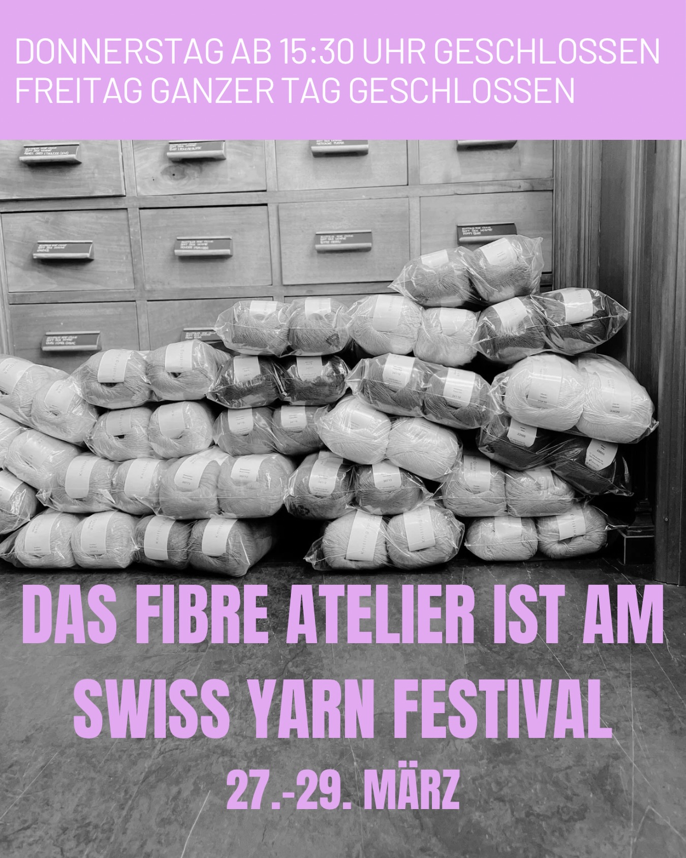 Kommt ihr uns besuchen?
Wir sind die kommenden Tage erstmals am @swissyarnfestival in Glattfelden vertreten.
Das Fibre Atelier hat deshalb ab morgen 15:30 Uhr geschlossen.
Wir freuen uns auf euren Besuch und übrigens sind zwei neue Qualitäten dabei, die es bissher im Laden noch nicht gibt✨
#fibreatelier
#fibreatelierontour
#swissyarnfestival