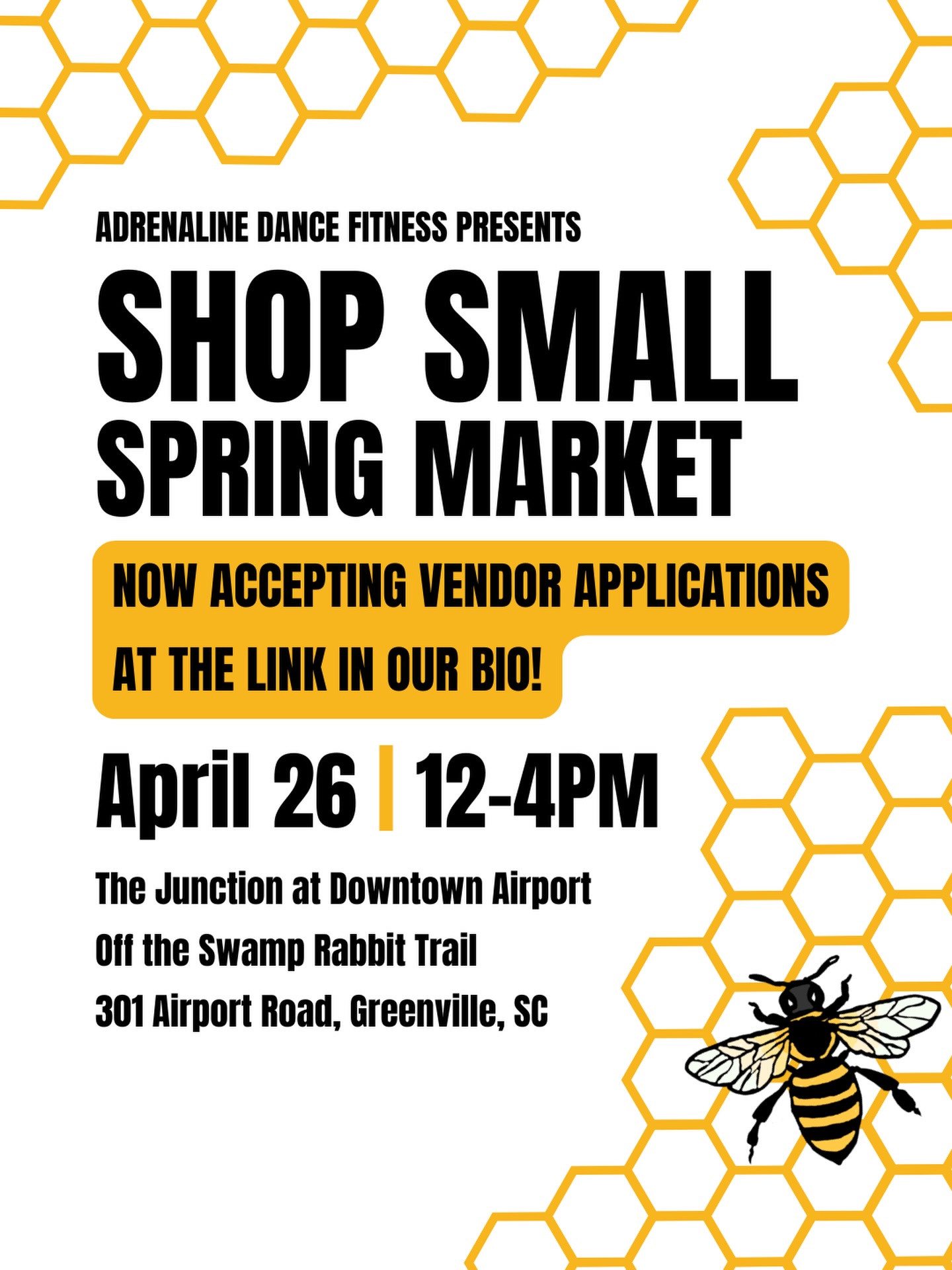 🗣️ Calling all local artisans and small businesses owners! ADF is excited to be hosting our annual Shop Small Spring Market on Sunday, April 26th from 12-4PM!
🛍️ We’re seeking local vendors who make or sell:
💍 Jewelry
🏺 Pottery
🧼 Body Care
👗 Clothing & Accessories
🍪 Food/Drinks
🎨 Decor & Artwork
✨ & More!
Creators of all kinds are welcome to apply—tag your favorite artisans in the comments! 👇
🐇 This outdoor market takes place on the lawn outside the Junction at Downtown Airport, just off a busy extension of the Swamp Rabbit Trail! We’ll be capping participation at a limited number of businesses per category. The sooner you apply, the more likely you are to get a spot!
🔗 If you’d like to participate, head over to the link in our bio to send in an application.
#greenvillesc #craftvendor #vendormarket #yeahthatgreenville craftmarket
