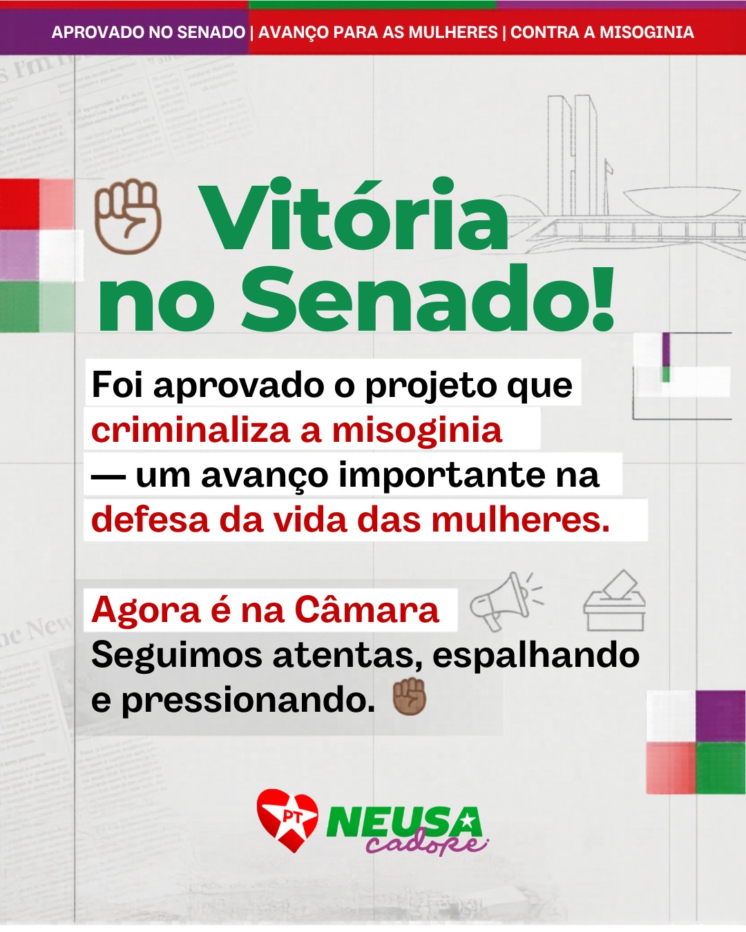 ✊🏽 Vitória no Senado!
Foi aprovado o projeto de lei que criminaliza a misoginia: um passo importante na defesa da vida e dos direitos das mulheres.
Agora, a luta segue na Câmara. Seguimos atentas e atentos, mobilizando e pressionando por mais esse avanço! ✊🏽