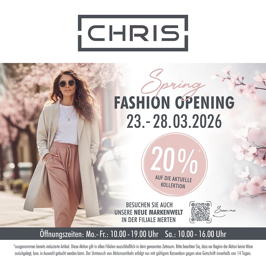 ☀️Spring-Vibes☀️
Wir läuten den Frühling ein 🌸
Ab Heute gibt es bei uns *20% auf unsere Frühjahrskollektionen!
*ausgenommen auf bereits reduzierte Ware
*in allen Filialen erhältlich
Schaut auch gerne in unserer Filiale in Merten vorbei, da haben wir tolle neue Marken wie z.B.: ICHI, OH APRIL, IN WEAR, MSCH COPENHAGEN, HEY MARLY uvm. ♥️
Euer CHRIS Team ☀️
Wo ihr uns findet:
📍Peter-Hausmann-Platz 3, 53332 Bornheim
📍Am roten Boskoop 6, 53332 Bornheim-Merten
📍Am roten Boskoop 10, 53332 Bornheim
📍Am Wachtbergring 1-3, 53343 Wachtberg-Berkum