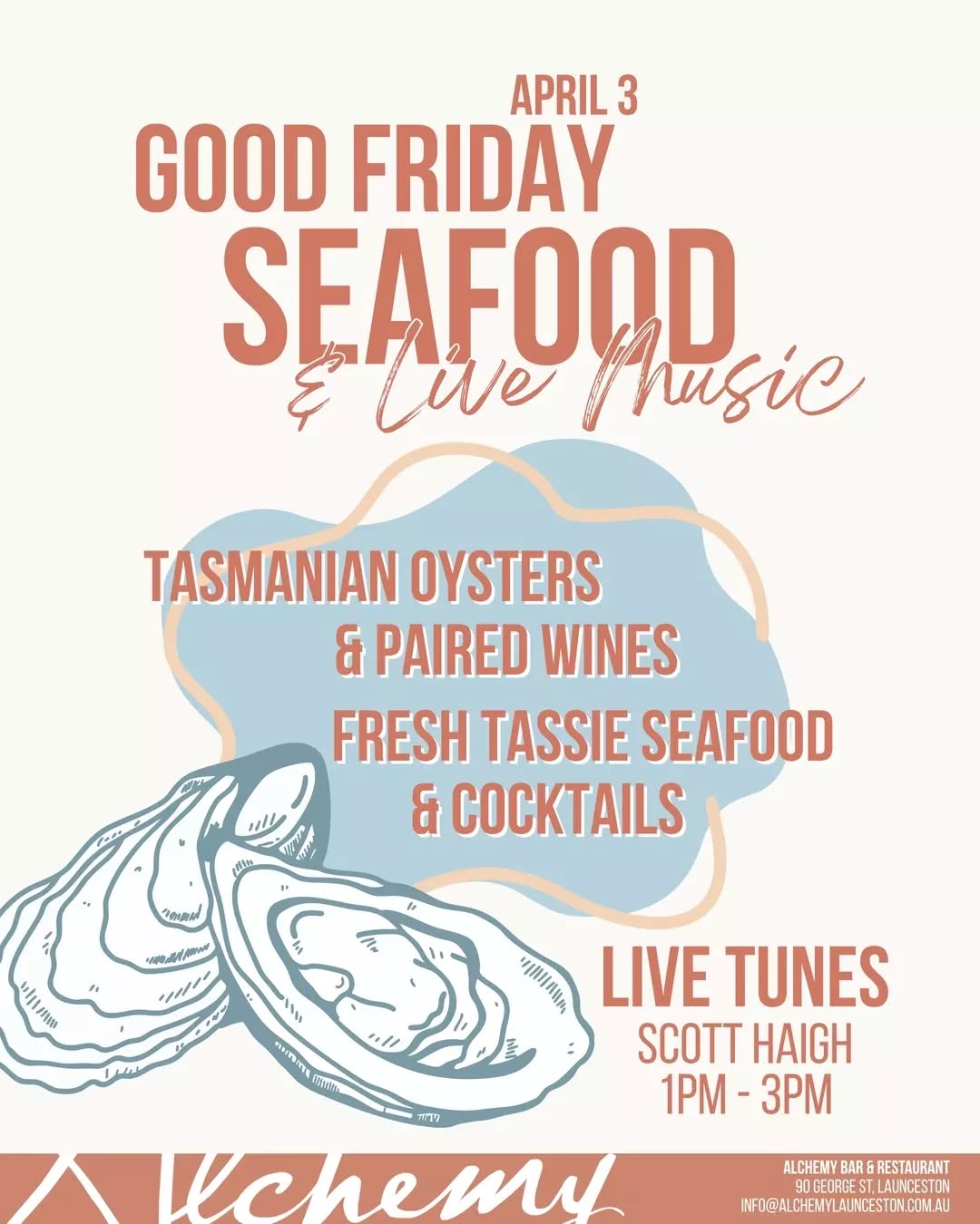 Seafood. Paired wine. Live music. Unwind 🦪🍷🎶
Indulge this Good Friday with our curated Seafood session at Alchemy.
✨ Tasmanian Oysters paired with premium wines
✨ Fresh Seafood (like Flathead & Chips, and Prawn Tacos)
✨ Expertly crafted Cocktails
✨ Soulful live acoustic tunes by @scott_haigh_music (1pm - 3pm)
It’s the lively but relaxed atmosphere you deserve. Bookings are essential.
📆 GOOD FRIDAY | APRIL 3RD
🔗 Link in bio to secure your table!