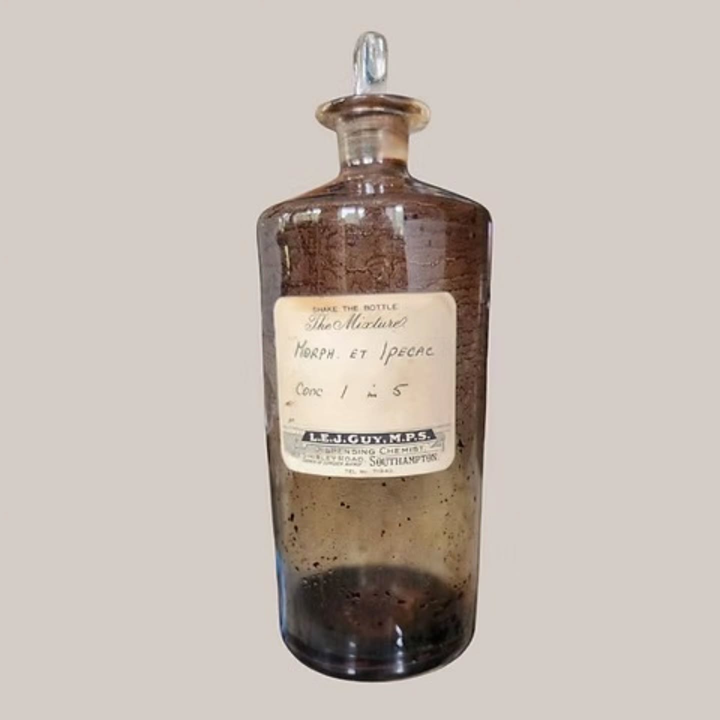 Vintage Apothecary Bottle Morph. et Ipecac Chemist’s Label L.E.J. Guy M.P.S. | https://share.google/kGttxad8ElZNWJpGP #stufftoyouandme