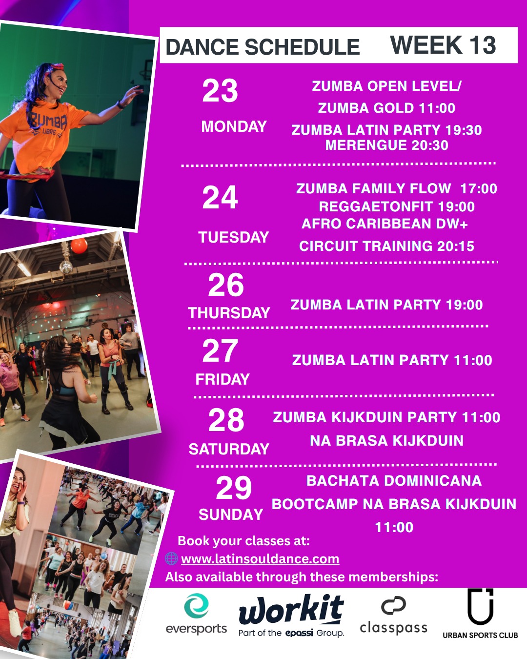 ✨ DANCE SCHEDULE – WEEK 13 ✨
New week, new energy, new chances to move your body and feel amazing 💃🏽🔥
At Latin Soul Dance, every class is more than a workout… it’s a moment to connect, release stress, and enjoy the power of music together.
👉 From Zumba vibes to Afro-Caribbean rhythms
👉 From Family Flow to high-energy ReggaetonFit
👉 From beach energy in Kijkduin to our special Bachata Dominicana Bootcamp
This week has something for everyone — all levels, all backgrounds, all welcome ❤️
🌟 Highlights of the week:
• Zumba Latin Parties (the ultimate mood booster!)
• Afro Caribbean + Circuit Training (strength + rhythm 💥)
• Zumba Outdoor in Kijkduin 🌊
• Bachata Dominicana Bootcamp – Sunday 🔥 (learn basics + combos in one fun day!)
✨ Whether you come alone or with friends… You will leave with a smile.
🎟️ Book your spot now:
www.latinsouldance.com
Also available on: Eversports | ClassPass | Urban Sports Club | Workit
👇 Tell us in the comments:
Which class are you joining this week?
#LatinSoulDance #DanceSchedule #ZumbaTheHague #DanceFitness #BachataDominicana