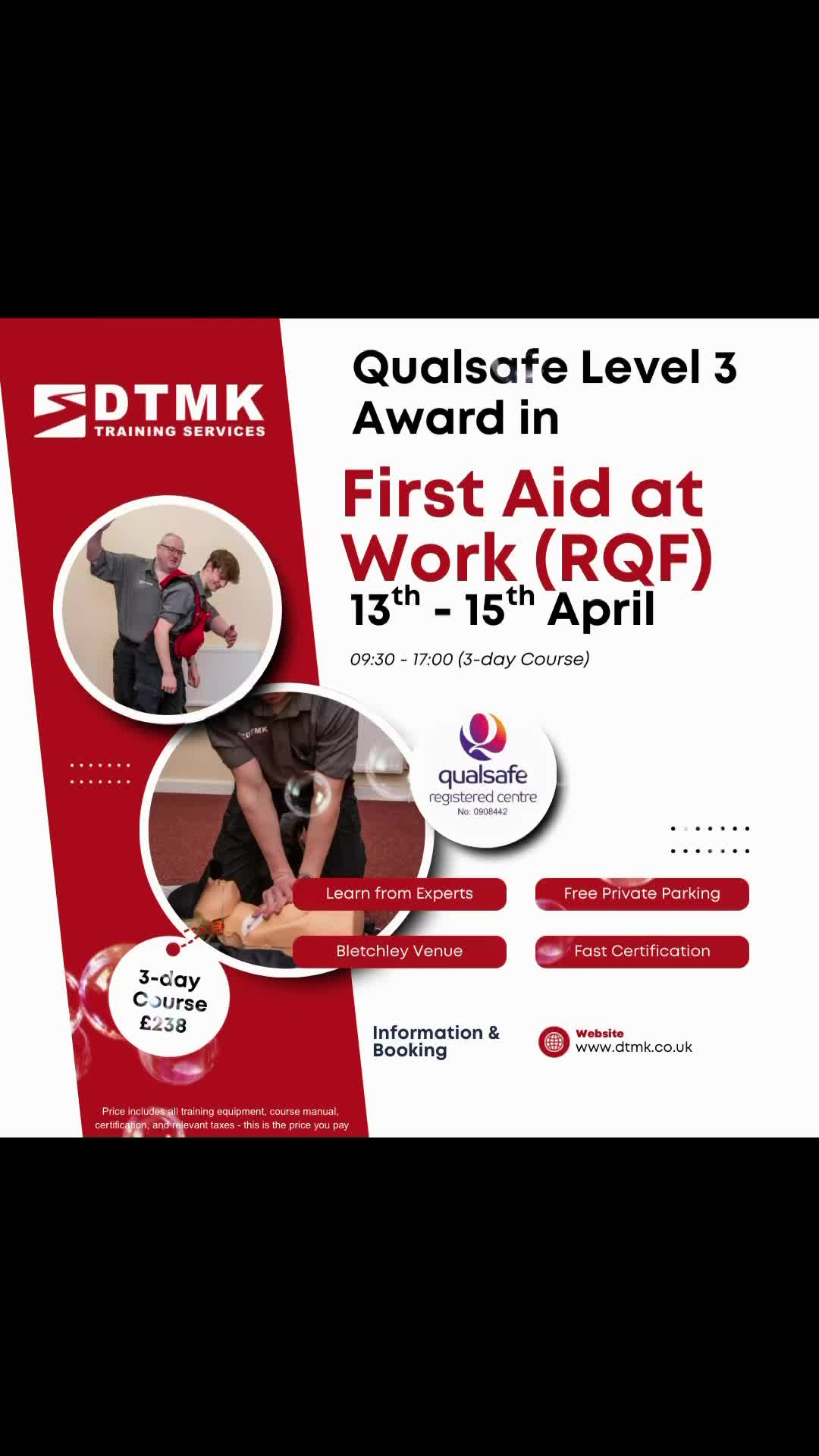If you’ve been thinking about getting your First Aid training sorted, we’ve got a range of upcoming courses running in Bletchley.
We’re a local, family run company based in Milton Keynes, delivering high quality, regulated First Aid training in a modern, comfortable venue with free parking on site.
Whether it’s for work, a requirement, or just to feel more confident helping in an emergency, we’ve got something suitable.
All of our courses are delivered through our centre registered with Qualsafe Awards, so the qualifications are fully recognised and sit on the regulated qualifications framework.
Everything is included. Certification, training materials, and course books. No hidden extras.
For more information or to book:
https://training.dtmk.co.uk
enquiries@dtmk.co.uk
01908 112111
Feel free to get in touch if you’ve got any questions 👍