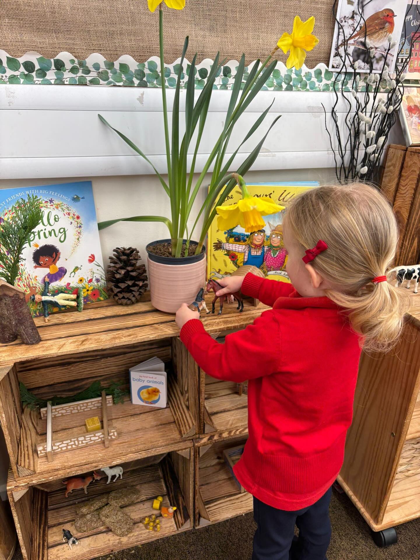 “After a whole year of waiting, it’s finally Spring’s turn to wear the Weather Crown and create her own special season. Her friends can all remember how beautiful spring was last time.”
After reading Hello Spring, we started thinking about how the seasons change and what we might begin to notice… the colours, the flowers, “butterflies flitting and birds swooping”. Such a charming, enchanting book that led us into conversations about baby animals and the magic of springtime.