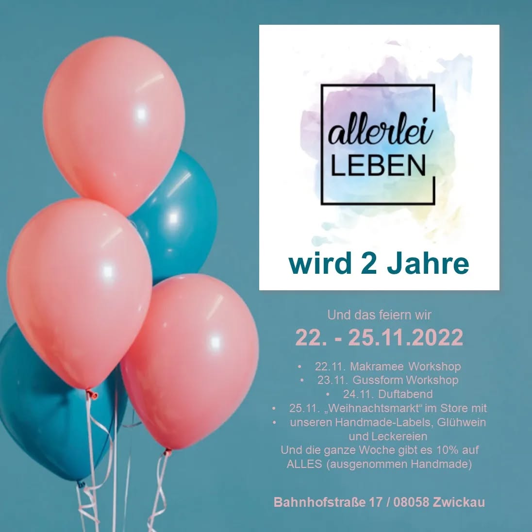 Ja es stimmt.... allerlei Leben wird schon 2 Jahre alt. Zwei kurze Jahre mit vielen Höhen und Tiefen, Corona, Inflation und trotzdem voller Liebe und Glückseligkeit unserer Kunden. Um so mehr ein Grund ausgiebig zu feiern.
22.11. Makramee Workshop
23.11. Gieße dein Design Workshop
24.11. doTERRA Duftabend
25.11. Weihnachtsmarkt mit unseren Handmade Labels, lecker Glühwein, Knabbereien und vieles Mehr
ON TOP gibt es die ganze Woche (22.-25.11. Ab 10% auf alles im store (Außer Handmade)
Und zum Abschluss folgt am 6.12. Der Nudelholz Workshops.
Anmelden könnt ihr euch im Store oder über die Website www.allerleileben.de
#allerleileben #conceptstore #zwickau #westsachsen #schönesleben #interior #handmade #allerlei #makramee #beton #weihnachtsdeko