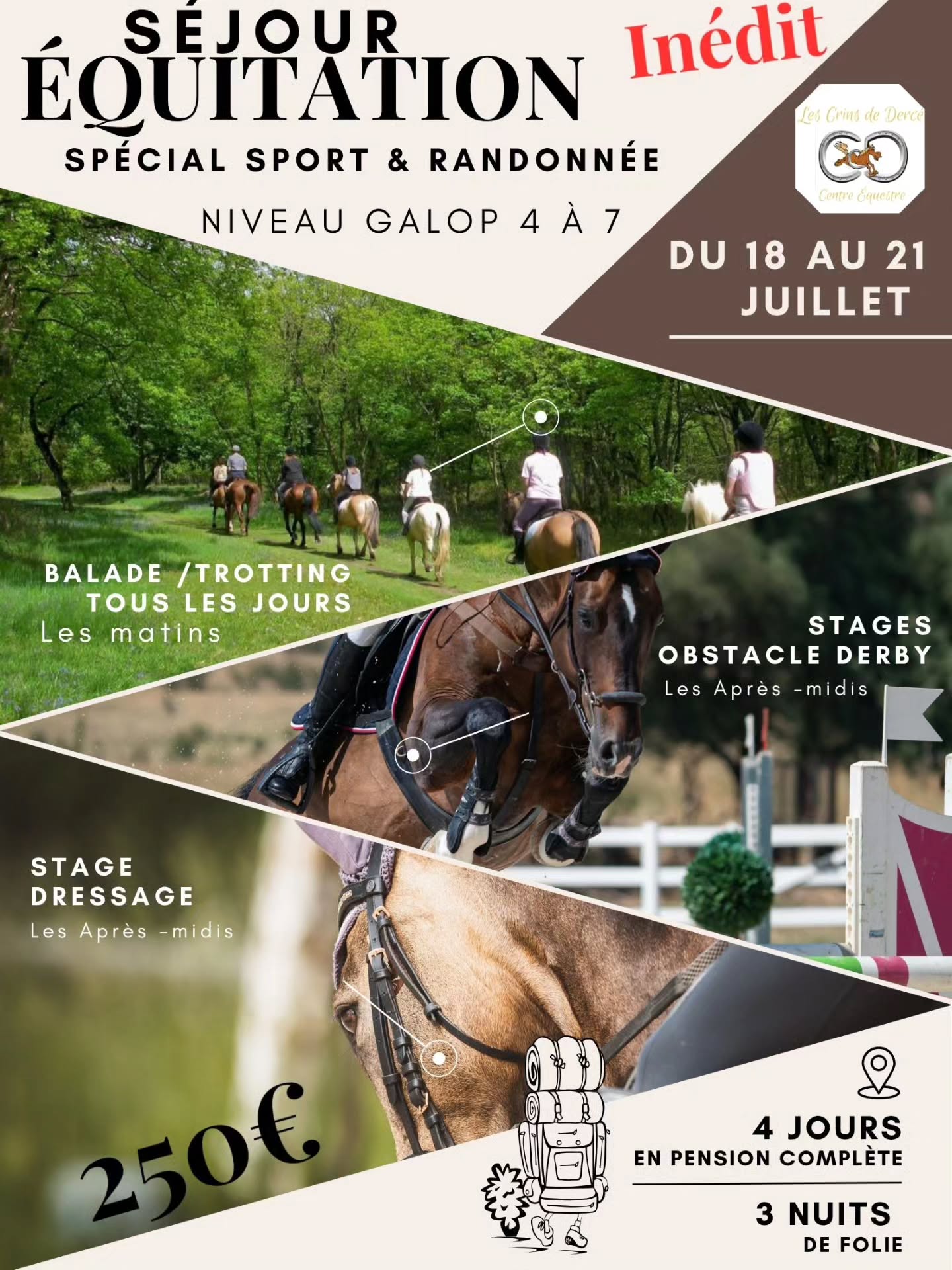🎊🎉⚠️⚡ INÉDIT ⚠️⚡🎉🎊🎉
UNE Grande NOUVEAUTÉ pour les grands CAVALIERS 🤪
4 JOURS DE FOLIE all inclusive
Repas - veillées - excellente ambiance....
Et
Stages SPORT entre DERBY - DRESSAGE & TROTTING
Jeux .. rigolades..
Niveau minimum requis !
Activités Centre équestre Les CRINS De Dercé
LES CRINS DE DERCE poney club
06.18.06.21.98