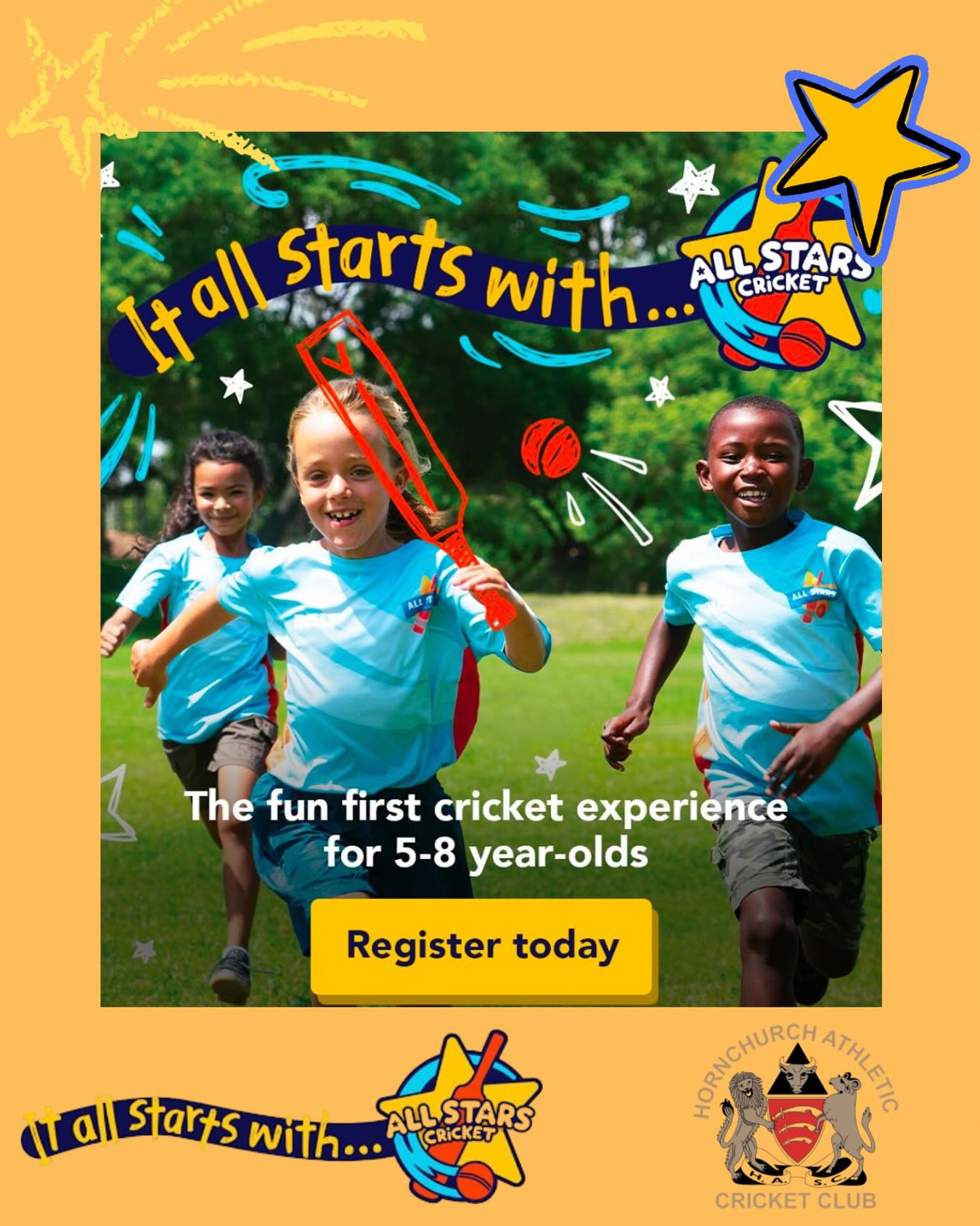 🌟HACC All Stars Cricket 2026 Registrations Now Open Girls & Boys 5-8 🏏 8 Weeks on Sunday Mornings Starting May 10 Please visit the link to register - Dm us for any enquiries https://ecb.clubspark.uk/AllStars/hornchurchathletic/Course/181b5ad5-90c9-4d79-ba72-a8907c612265