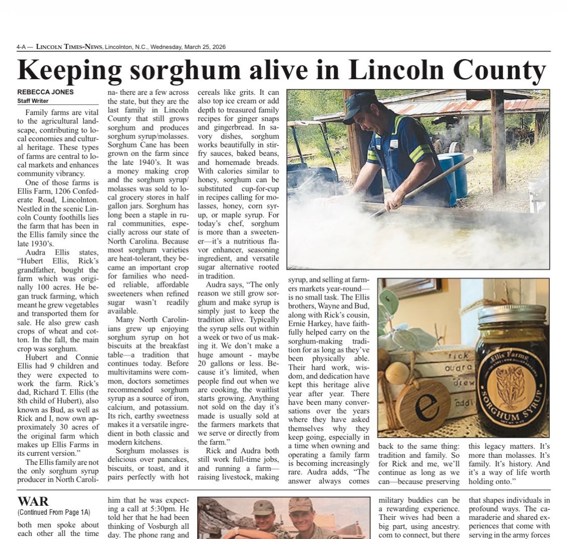 We are thankful to Lincoln Times-News for telling the story behind why our family continues the tradition of growing sorghum and making syrup. What began generations ago remains a labor of love and a way to stay connected to our roots. @lincolntimesnews