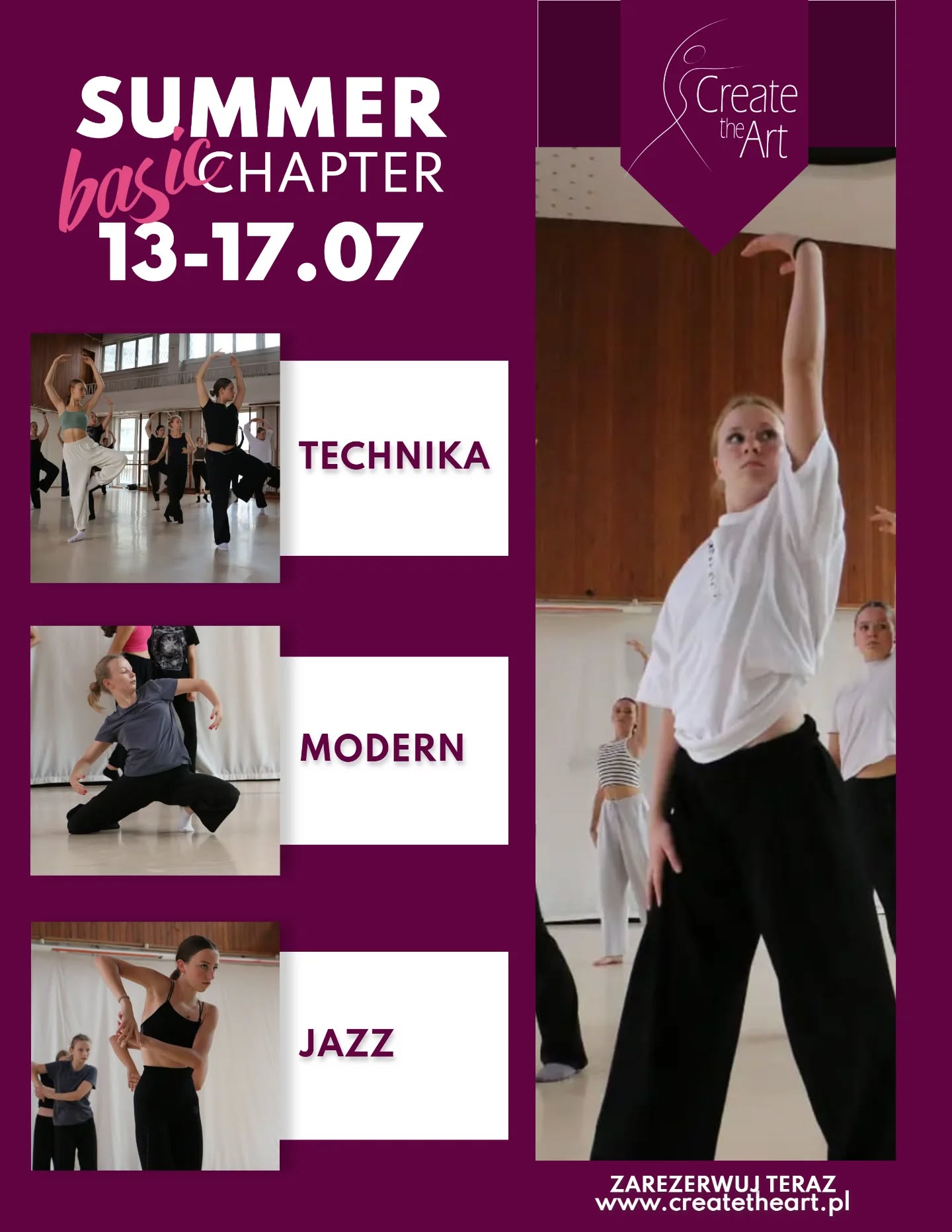 ☀️SUMMER BASIC CHAPTER☀️
Chcesz zacząć tańczyć, ale nie wiesz od czego?
A może wracasz po przerwie i potrzebujesz solidnej bazy?
Te warsztaty są dokładnie dla Ciebie.
Stworzyliśmy program od podstaw, który pozwala wejść w taniec bez presji, ale z realnym progresem. Każdego dnia pracujesz z różnymi instruktorami, poznajesz różne style i budujesz świadomość ruchu krok po kroku.
To nie tylko zajęcia – to przestrzeń, w której możesz się rozwinąć, poznać ludzi i poczuć pewniej na sali.
📅 13–17 lipca
✨ Dla młodzieży i dorosłych
✨ Poziom: początkujący
Co na Ciebie czeka?
• 3 zajęcia dziennie (różne style i instruktorzy)
• Technika + choreografia + rozwój ruchowy
• Kameralna atmosfera i indywidualne podejście
• Integracja i praca w grupie
Prowadzący:
💃 Aneta Bułka
💃 Wiktoria Mirecka
💃 Lena Rękorajska
💃 Berenika Szymanowska
🕺 Hubert Kowalczyk
Struktura dnia:
16:30-17:45 Technika
17:45-19:00 Modern
19:15-20:30 Jazz
Więcej informacji ➡️ https://www.createtheart.pl/service-page/summer-basic-chapter