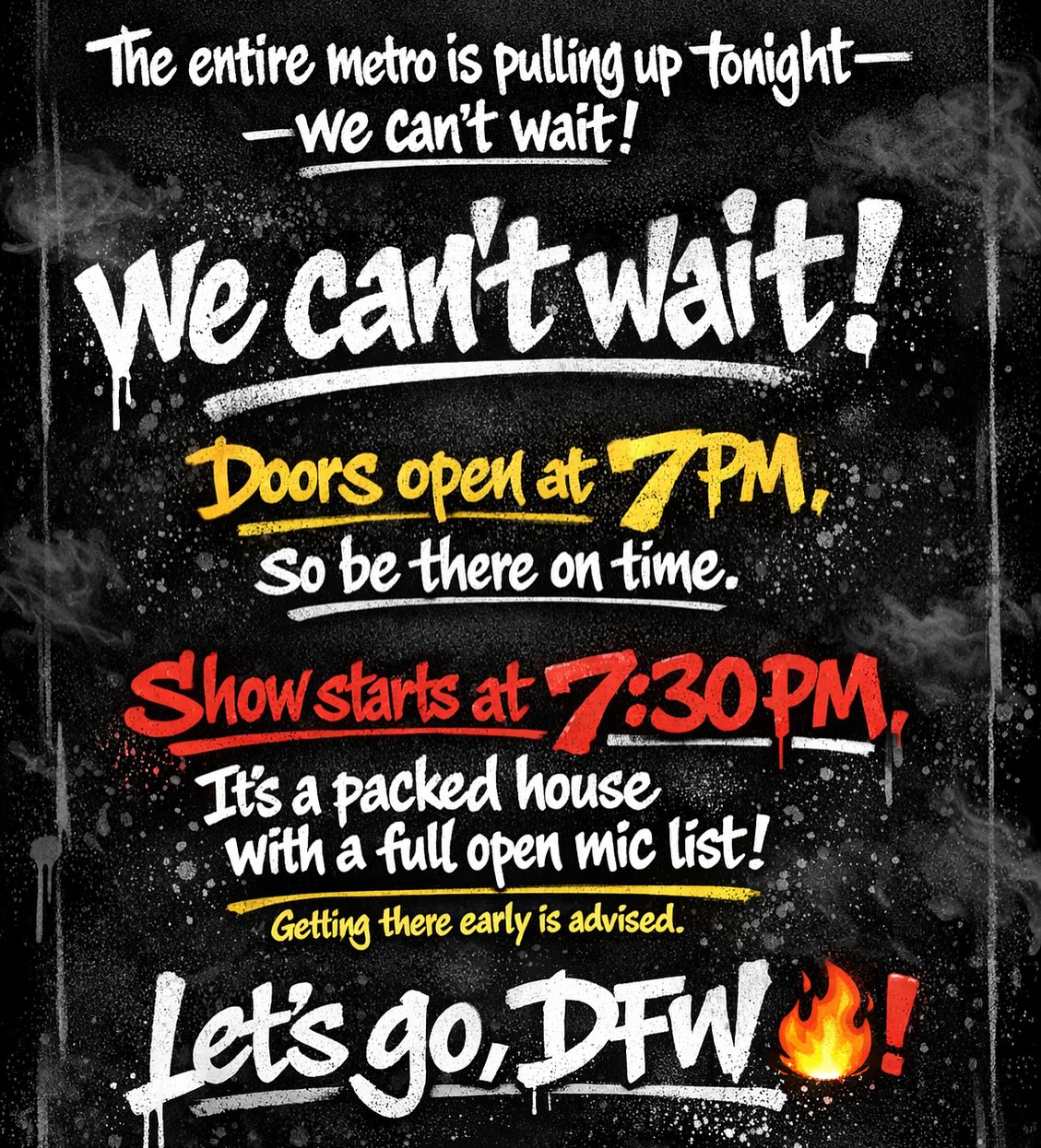 We’re starting on TIME! Packed house, get there early to grab an up close seat. Let’s go DFW!
Welcome to the BLACKOUT!! @the_poems_of_ross and @blackchakra88 are READY 😤😤