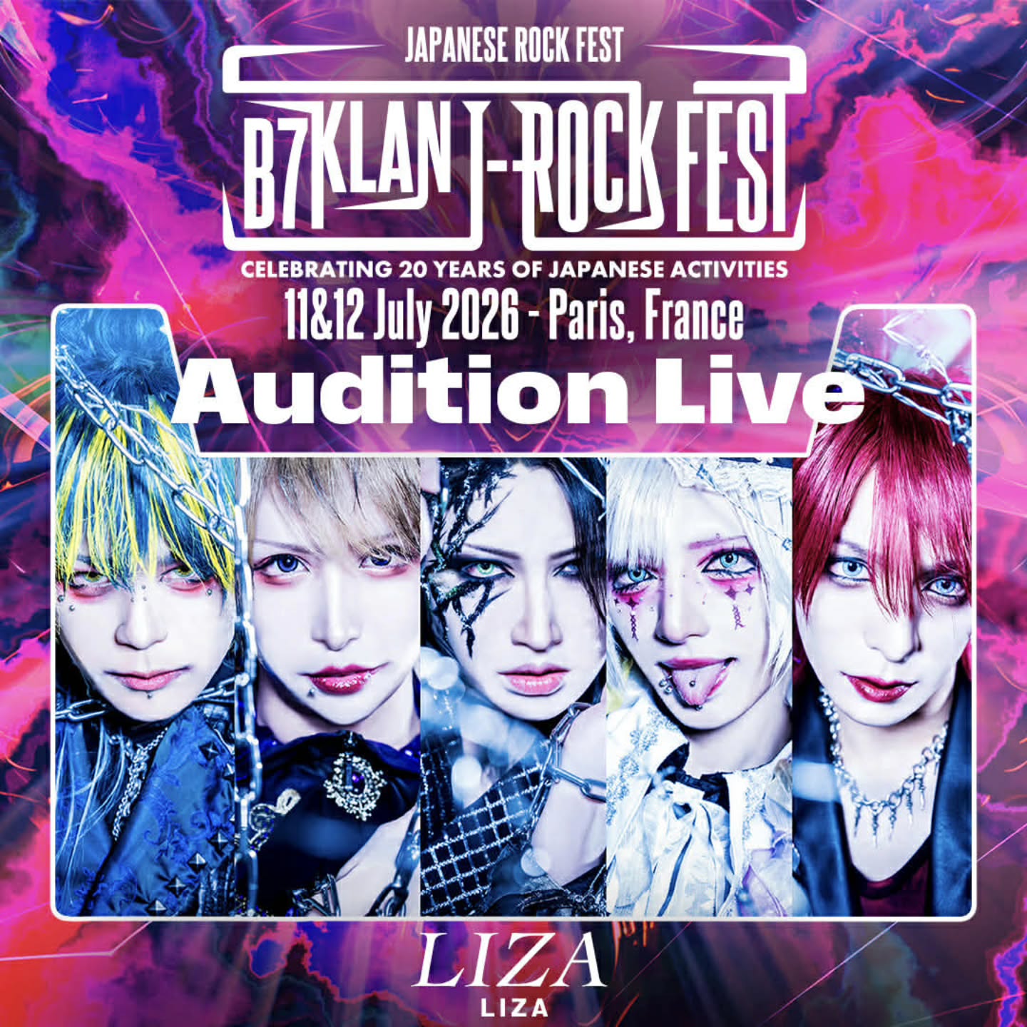 Here is the 4th row of our audition live participate bands!
LIZA
As a visual kei band, LIZA creates a rich and immersive world under the concept of “Dark『』es Fantasy.”
HIVARI’s (Vo.) emotionally piercing vocals, combined with the intricate ensemble of violin and 7-string guitars woven by Roki (Gt/Vn) and ICE (Gt), form the core of their sound. Supporting this is the powerful rhythm section of Amane (Ba) and #FFFFFF (Dr). The five members’ individuality resonates together, producing a unique sound where beauty and intensity intertwine.
#b7klan
#b7klanjrockfest
#b7livecontest
#visualkei