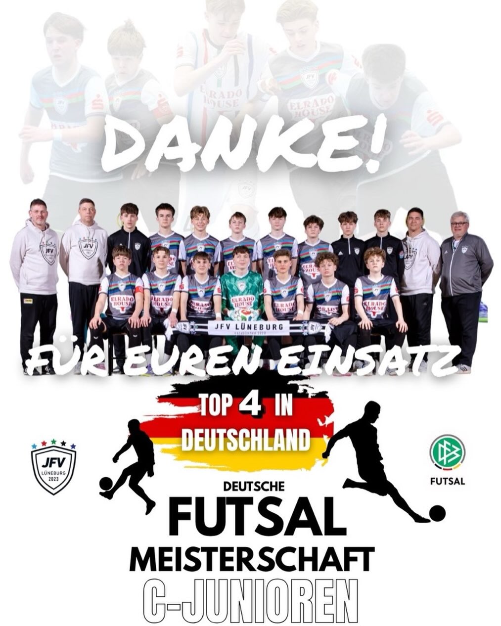 Ein großes DANKE. 🙏
Der Vorstand und Beirat des JFV Lüneburg möchten dem gesamten Trainerteam unsere höchste Anerkennung und unseren Respekt aussprechen.
Was ihr gemeinsam mit der Mannschaft erreicht habt, ist außergewöhnlich – sportlich wie menschlich.
Ein besonderer Dank gilt unserer U15:
Ihr habt den JFV Lüneburg bei der Deutschen Futsal-Meisterschaft nicht nur sportlich stark vertreten, sondern euch auch abseits des Platzes als echte Einheit präsentiert. 💙
Euer Auftreten, euer Zusammenhalt und eure Leidenschaft haben gezeigt, wofür unser Verein steht.
Im Vergleich mit den besten Teams Deutschlands wart ihr nicht nur auf Augenhöhe – sondern auch großartige Repräsentanten unseres JFVs.
Dieser Erfolg ist mehr als ein Ergebnis.
Er ist ein Zeichen für die Entwicklung, die Qualität und den Weg, den wir gemeinsam gehen.
Wir sind stolz auf euch alle! 👏
#JFVLüneburg #Teamgeist #dfbfutsal #Jugendfußball #futsal Ein besonderer Dank gilt auch unseren Partnervereinen und Unterstützern im JFV-Verteiler:
@lskhansa @vfllueneburg @sv_ilmenau1923 @mtvtreubundlueneburg.fussball @barendorf1966
Sowie unseren Hauptsponsoren, die solche Erlebnisse überhaupt erst möglich machen:
@ddm_eu @elradohouse @opatija_lueneburg @sparkasse_lueneburg @henning_facility_services @halle_eins
Ohne euch wäre dieser Weg in dieser Form nicht möglich gewesen – vielen Dank für eure Unterstützung! 🙏💙