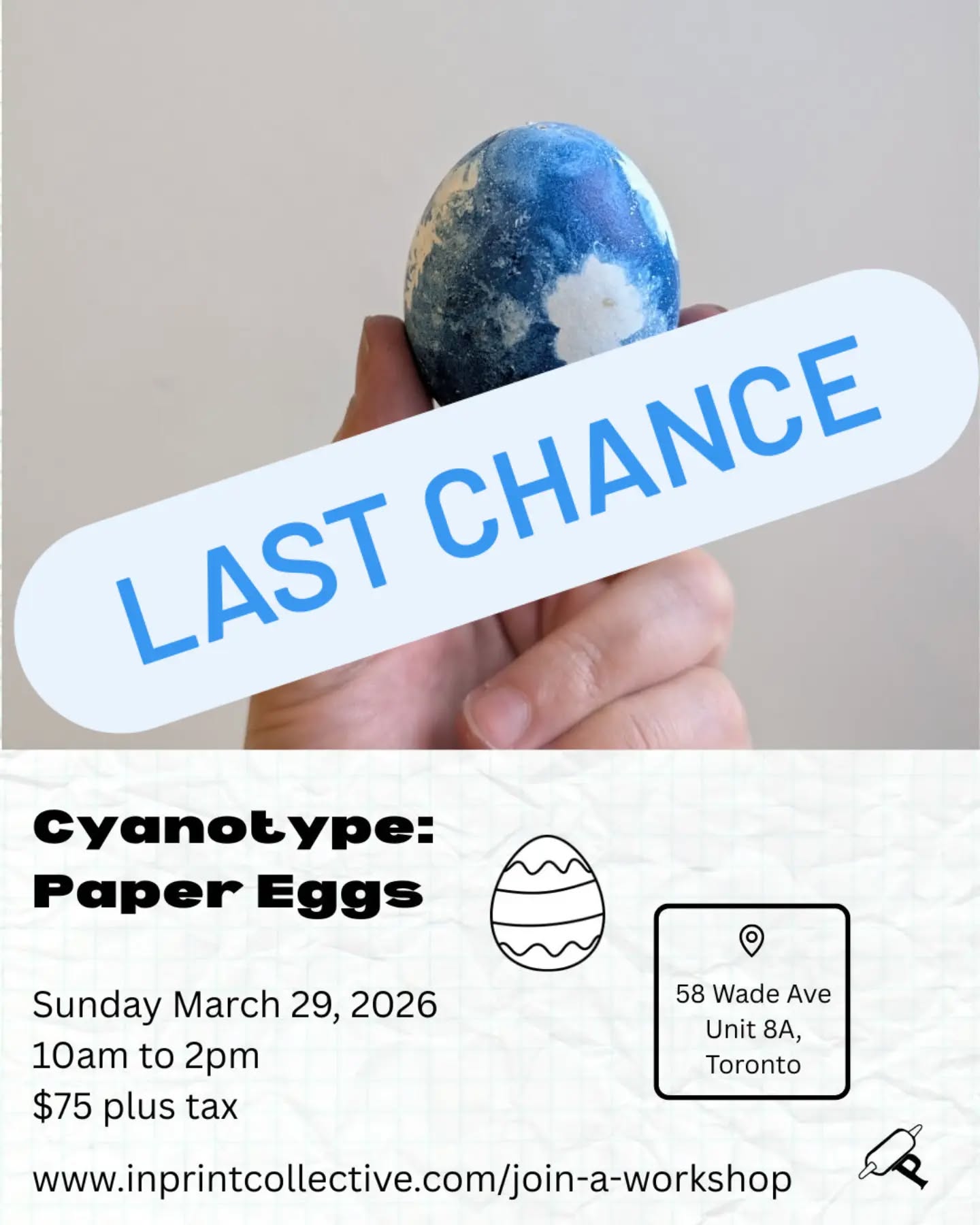 Last chance to register and grab one of our spots for Cyanotype:Paper Eggs next Sunday! Learn the traditional technique on paper and then have fun experimenting with this 3D format! Perfect for heralding the spring!
Visit our link in bio or www.inprintcollective.com/join-a-workshop for info and registration.
ID: an image of a hand holding up a paper egg against a white wall. The egg is decorated via cyanotype. Across the image in blue text are the words "Last Chance". On the bottom of the image is a white band containing workshop info in black text.