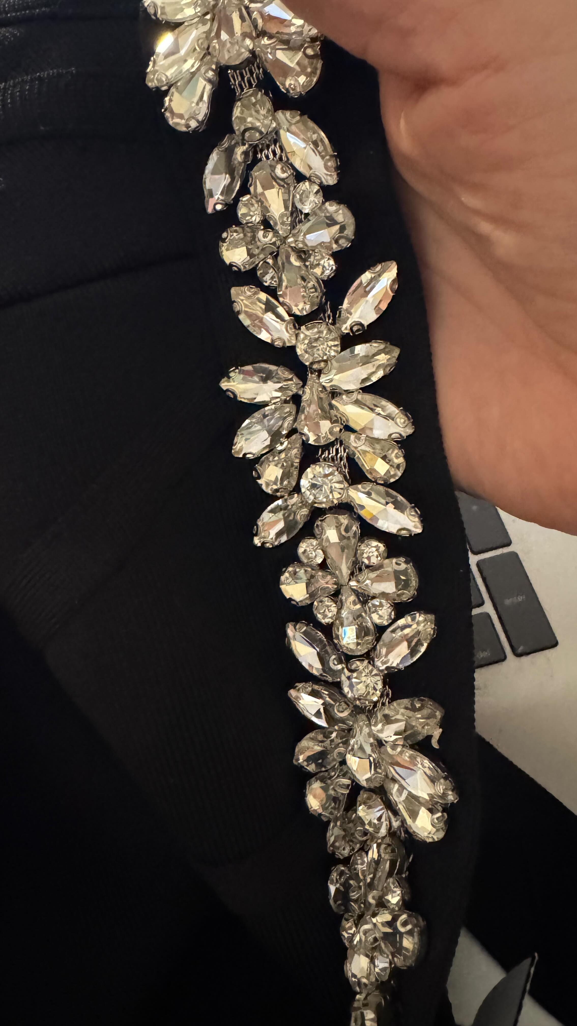 Thrift store score! I found this incredible bandage dress today that had about 3 feet worth of high-quality rhinestone jewels. The dress was $24.99 but blue tags were half off today so I got about $100 worth of jewels for $12.50. Some of them are already headed to a pair of Glinda shoes (upcoming Wicked cosplay), but the rest will go into my cosplay stash where I know they will get used at some point. #cosplay #thriftstorefinds #rhinestones #upcycle #budgetcosplay