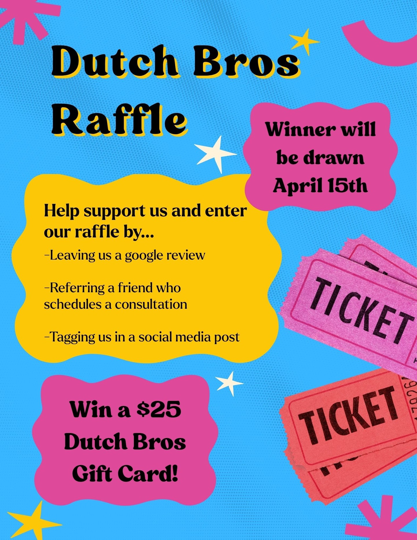 Make sure to join our raffle this month for a chance to win a Dutch Bros gift card! You'll get entered by doing any of the following...
⭐Leave a review
⭐ Refer a friend
⭐ Tag us on social media