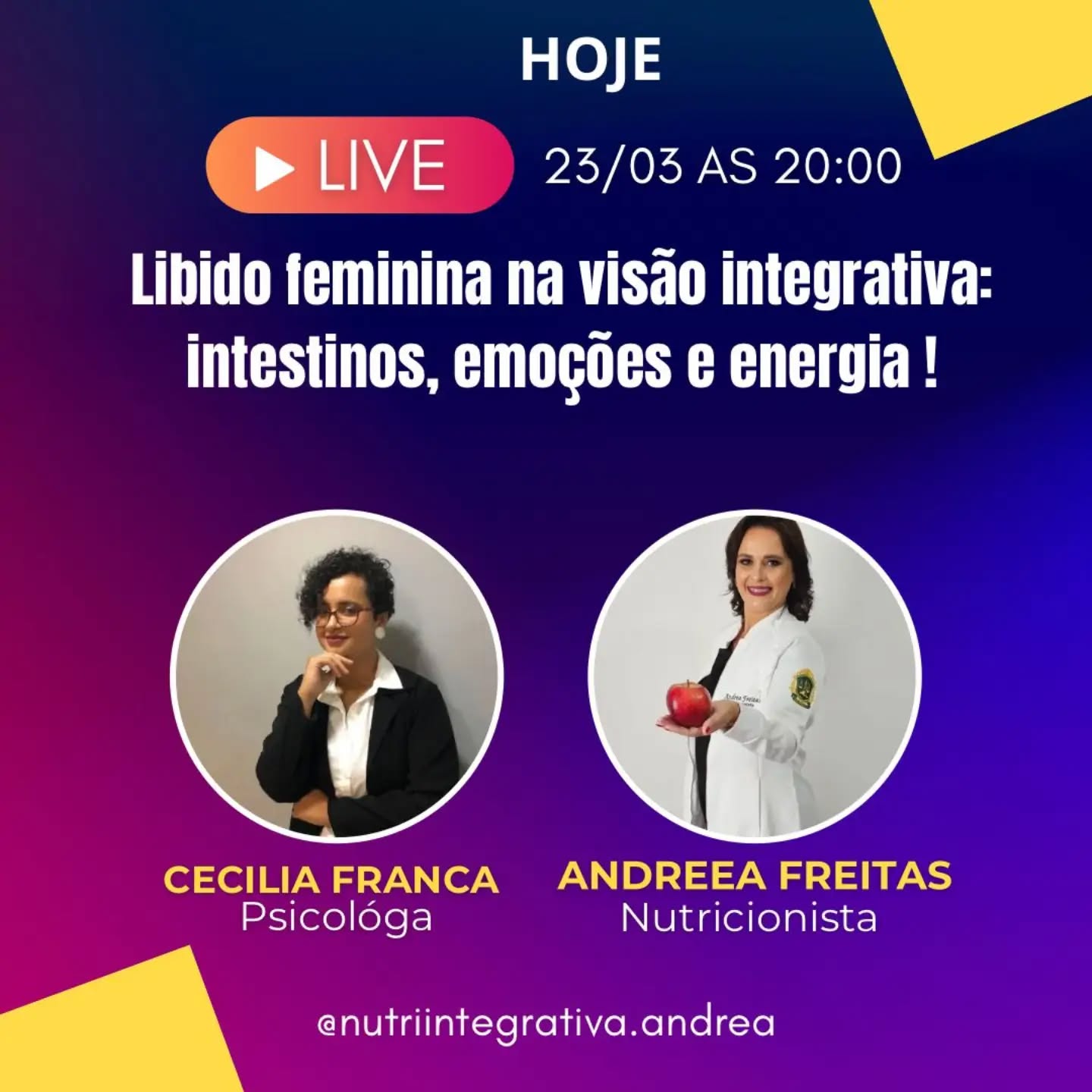Você já parou pra pensar como suas emoções e seu corpo estão conectados com a sua libido?
Hoje eu tenho um convite muito especial pra você!
Fui convidada pela nutricionista Andrea Freitas para uma live incrível onde vamos falar sobre libido feminina na visão integrativa conectando intestino, emoções e energia.
Porque não dá pra falar de desejo sem olhar pro todo!
📅 Hoje, 23/03
⏰ Às 20h
📍 Ao vivo
Vem participar com a gente e tirar suas dúvidas!
Te espero lá!