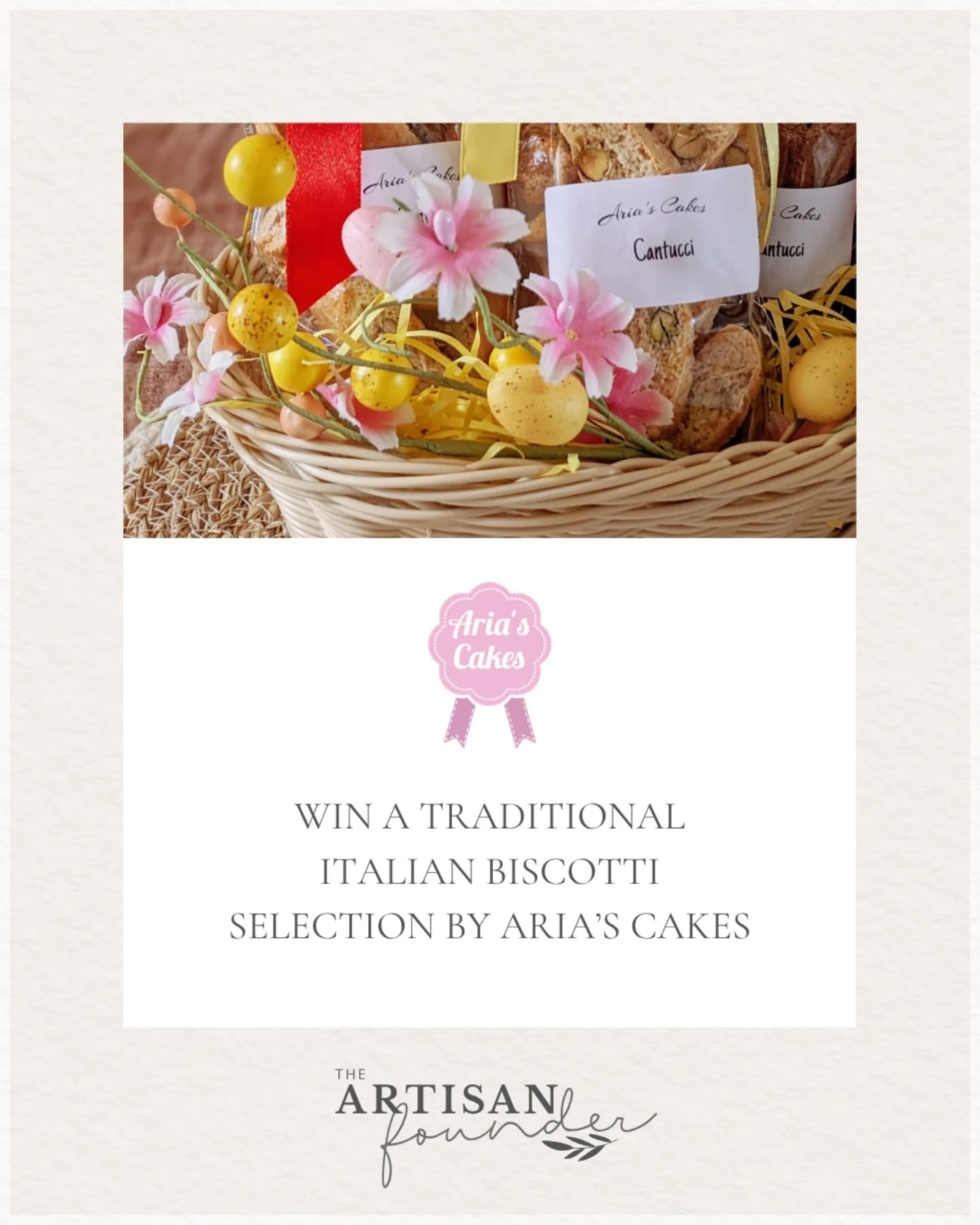 I am so excited to share a beautiful collaboration with "The Artisanal Founder"🌸
A platform that celebrates the passion, craftsmanship, and stories behind small creative businesses.
It truly feels like home for a brand like Aria’s Cakes, where every bake carries a piece of heritage and heart
To celebrate, we’ve created something special for Easter 🐣
✨ A GIVEAWAY ✨
Win a handcrafted Easter basket filled with a traditional selection of my cantucci...crisp, golden biscotti made with time-honoured recipes and a touch of spring magic.
Think delicate flavours, beautiful textures, and a gift made to be shared.
To enter:
👉 Head to the link in bio
And this is just the beginning…
I’m honoured to be featured by The Artisanal Founder, with a full article about the story behind Aria’s Cakes coming next week.
Stay tuned ✨️
#ariascakes #EasterGiveaway #Cantucci #Biscotti #ArtisanFood