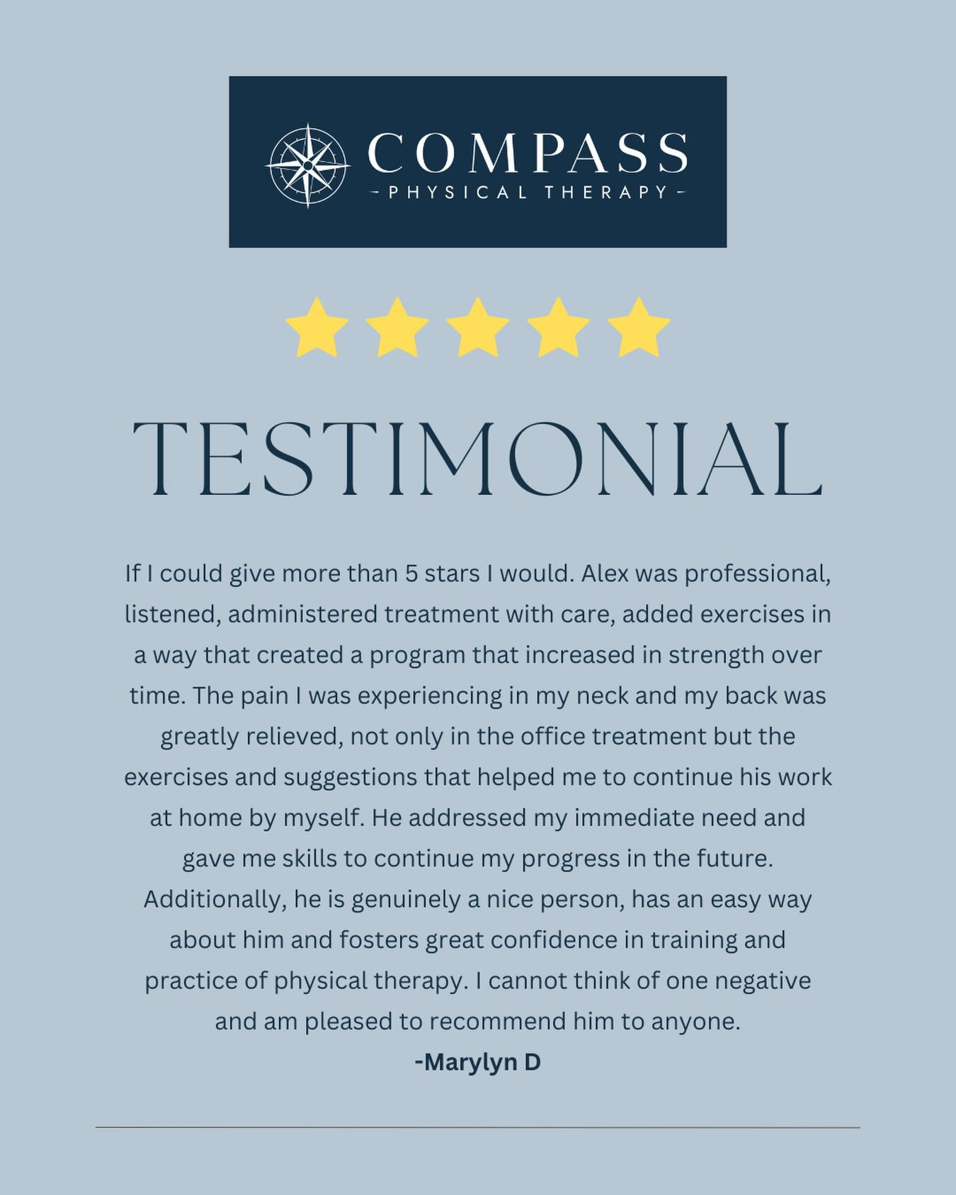 Testimonial Tuesday 👏
Helping relieve neck and back pain is just the start - our goal is to give you the tools and confidence to keep progressing on your own.
Thank you for trusting Alex and the process!💪🏻
#compasspt #physicaltherapy #testimonialtuesday