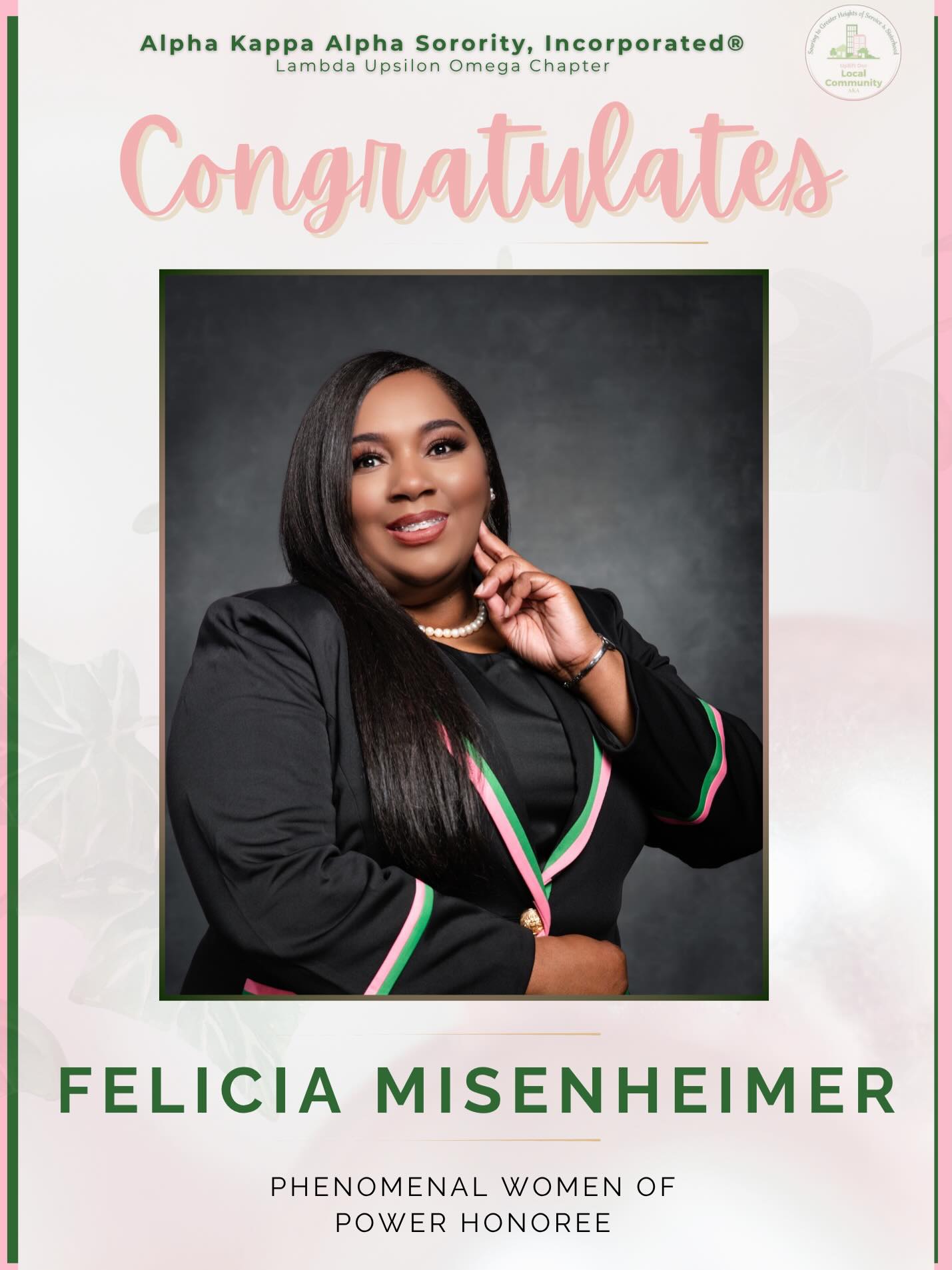 💗💚✨ A Moment Worth Celebrating ✨💚💗
Join us in honoring our phenomenal Chapter President
Felicia Misenheimer, on being recognized as a
🌟 Phenomenal Women of Power Award Honoree 🌟
Her impact, leadership, and commitment to excellence continue to inspire those around her and this recognition reflects just that.
💬 Let’s show her some love!
Drop a 💚 or share how she inspires YOU below ⬇️
Because when one of us shines…
✨ we all glow a little brighter. ✨
#AKA1908 #PhenomenalWomen #WomenOfPower #BlackExcellence #SisterhoodInService AKAStyle