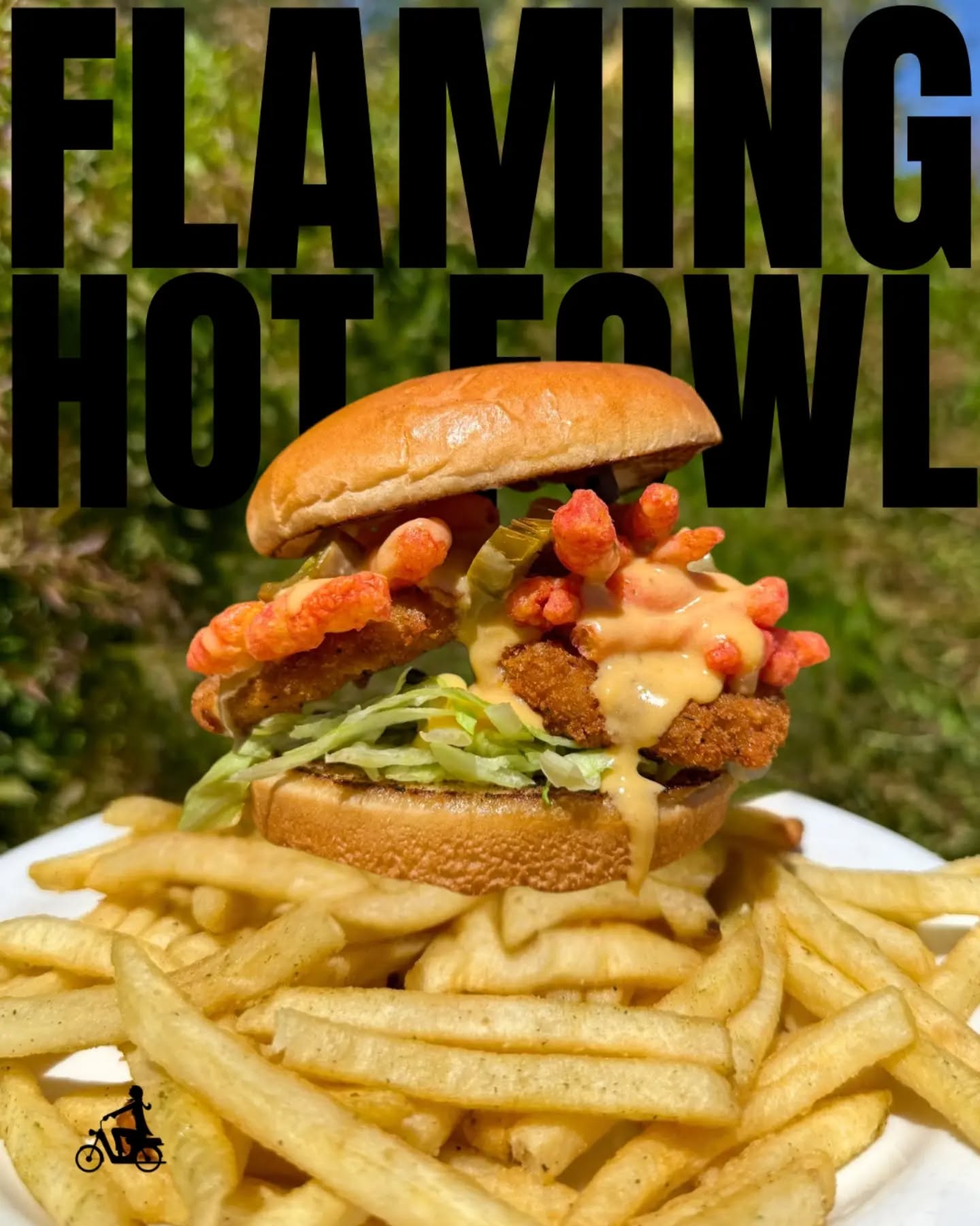 FLAMING HOT FOWL
Have you gotten one yet at #greenPhx
Our house crispy fried chick’n stacked with shredded lettuce, crushed @takisusa fuego Pix for that electric crunch, melty EZ cheese, and a reckless hit of pickled jalapeños atop a mountain of thyme fries.
#alwaysvegan