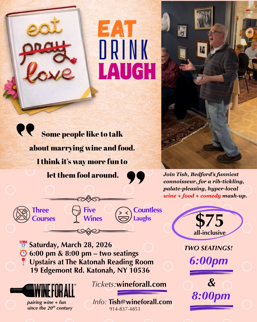 Need a laugh? Need a bite? Need a drink?We've got all three at EAT. DRINK. LAUGH. at @katonahreadingroom next Saturday. Five sneaky good wines paired with three-courses by @thewhitlockkatonah @amorekatonah @bakehouseonvillage. Drink global, eat hyper-local! #Katonah