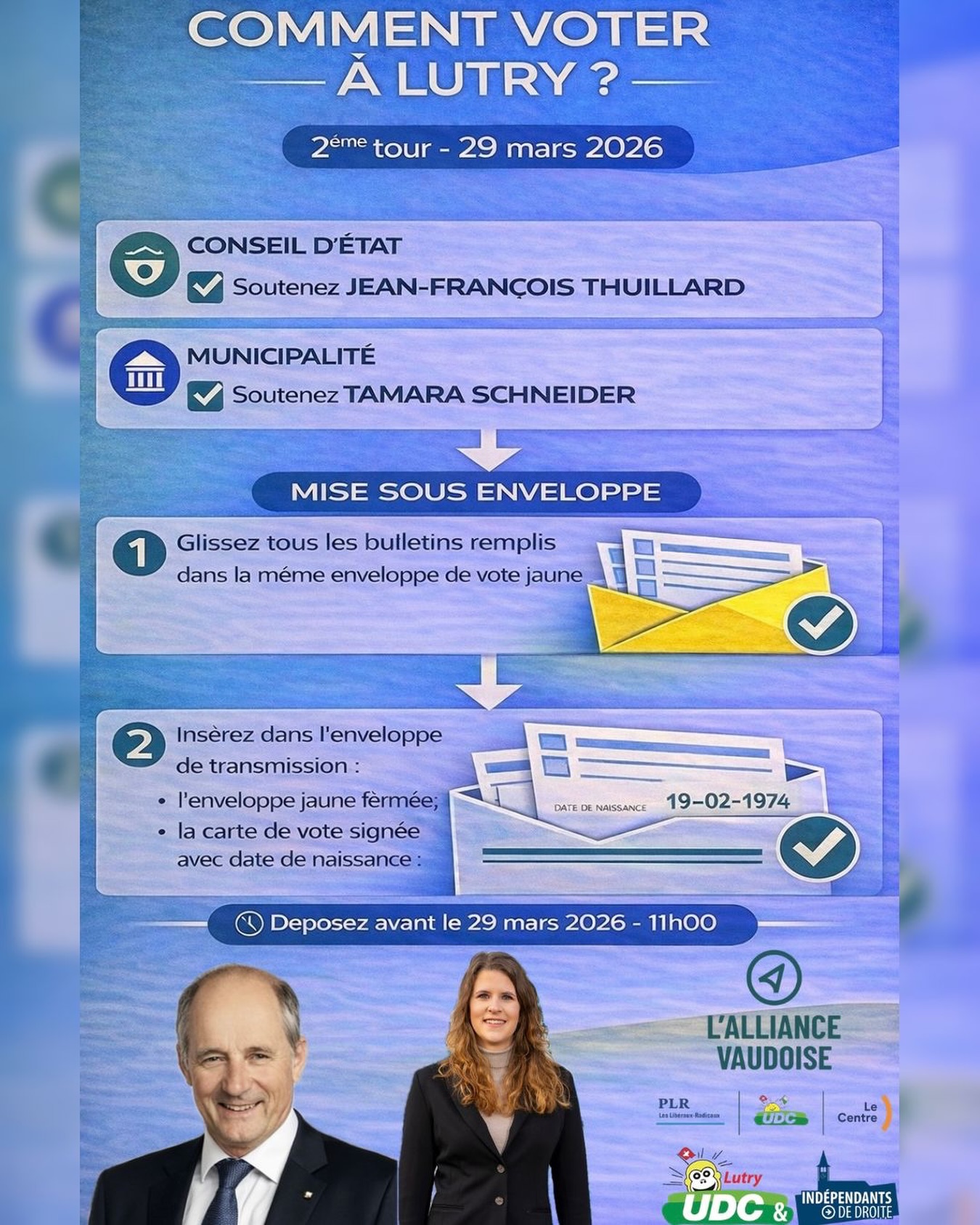 📬 Dernier jour pour envoyer votre vote par courrier !
Jeudi marque la dernière chance de poster votre enveloppe 📩
Ne laissez pas passer l’occasion de faire entendre votre voix !
👉 À la Municipalité : Tamara Schneider
👉 Au Conseil d’État : Jean-François Thuillard
Merci pour votre soutien 🙏
Chaque vote compte !
#ec2026 #elections #lutry #udc #engagement