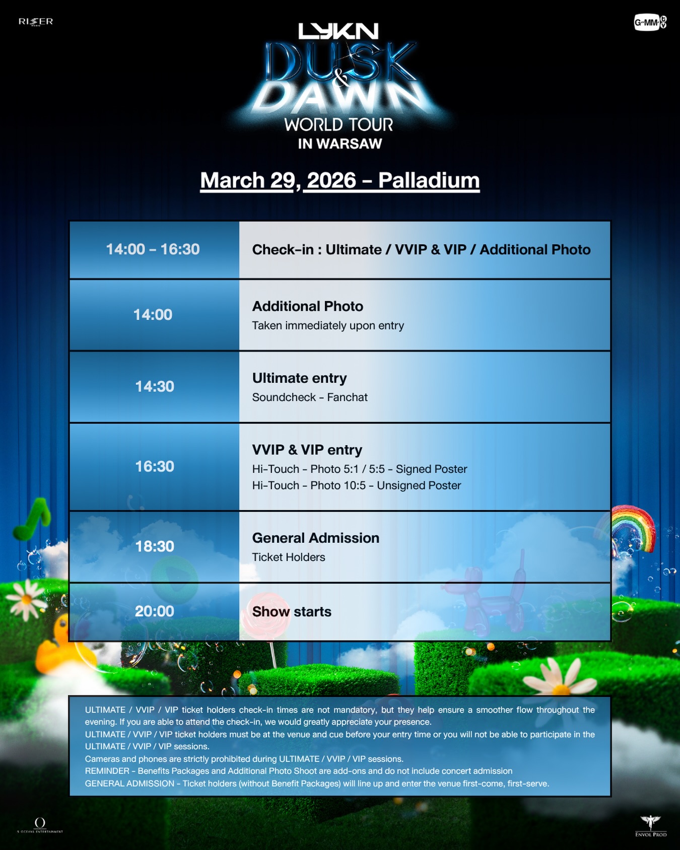 LYKN - Schedule in Warsaw
ℹ️ REMINDER
Check-in times are not mandatory, but they help ensure a smoother flow throughout the evening. If you are able to attend the check-in, we would greatly appreciate your presence.
#LYKN
#LYKNEurope
#LYKNDuskAndDawnWorldTour2026
#GMMTV
#LYKNEuropeTour