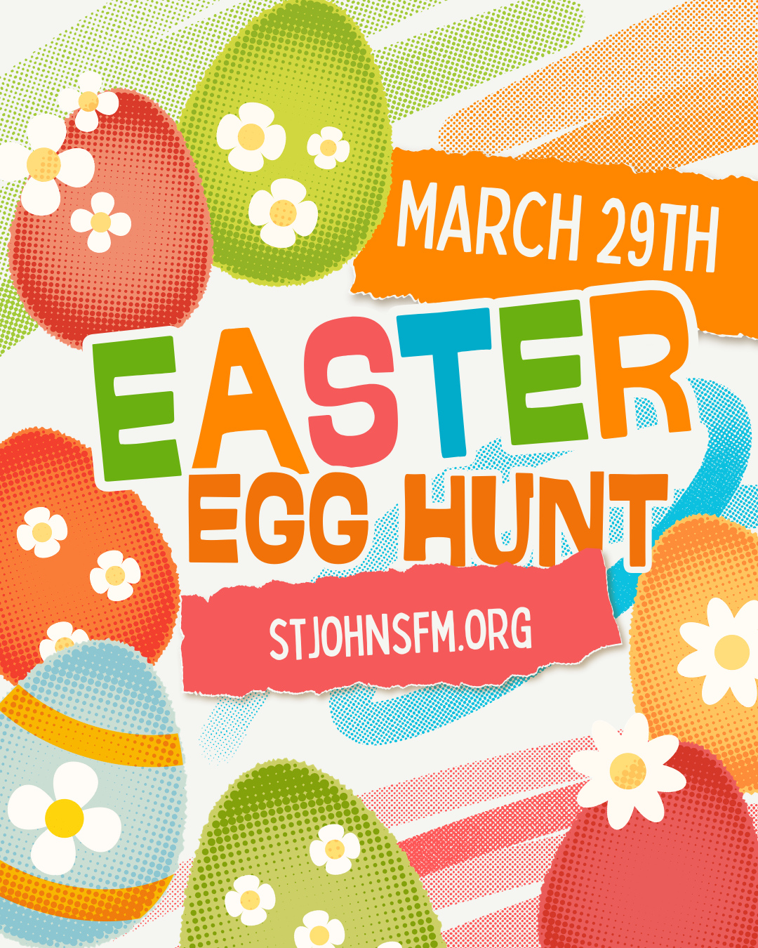 🥚🐣 Easter Egg Hunt! 🐣🥚
Join us Sunday, March 29 at 3 PM for an afternoon of fun!
Kids 5th grade and under are invited to hunt eggs and enjoy games, coloring, snacks, and lots of fun.
Bring a basket and invite a friend!