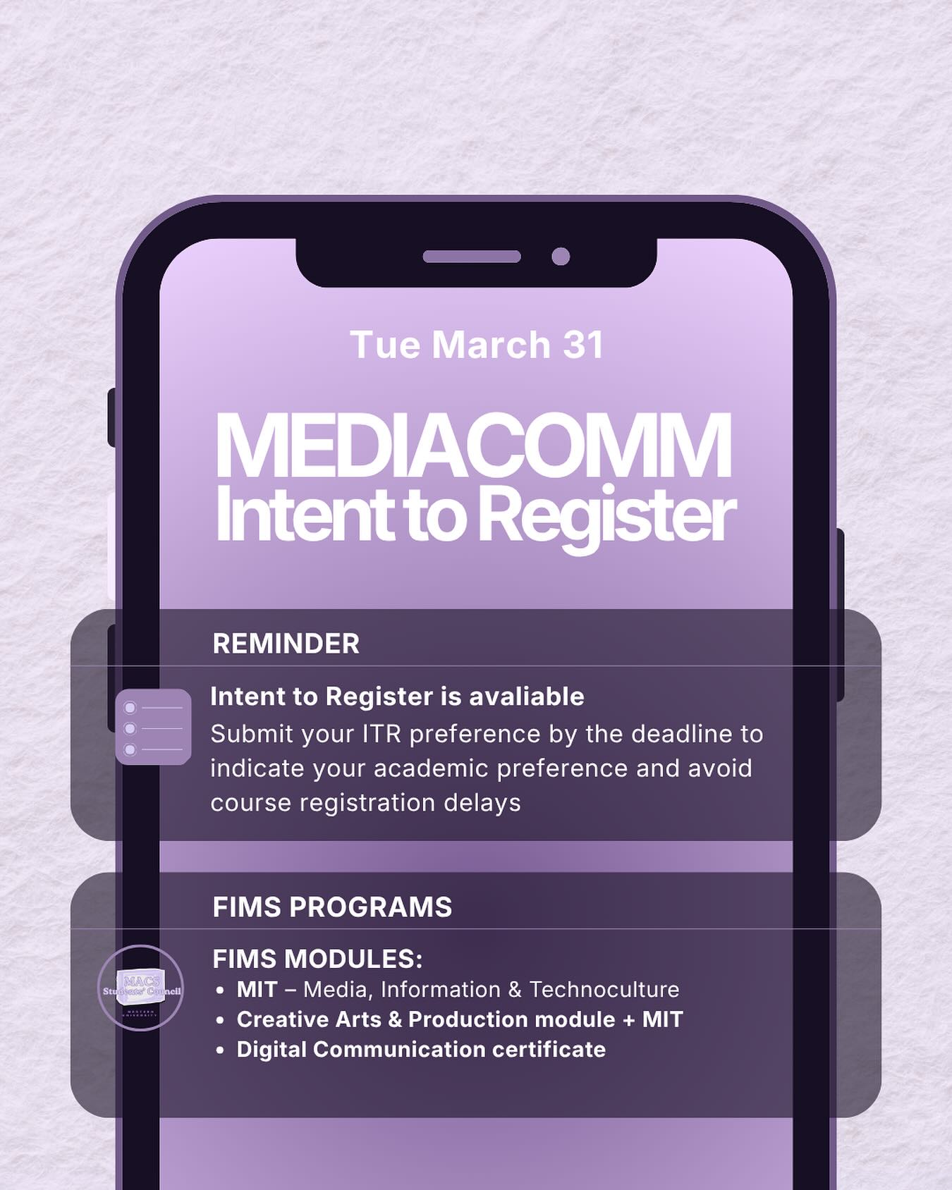 Intent to Register is OPEN!
If you’re in FIMS, don’t forget to submit your ITR preference by March 31 🗓️
This step is essential to confirm your academic path and avoid delays in course registration.