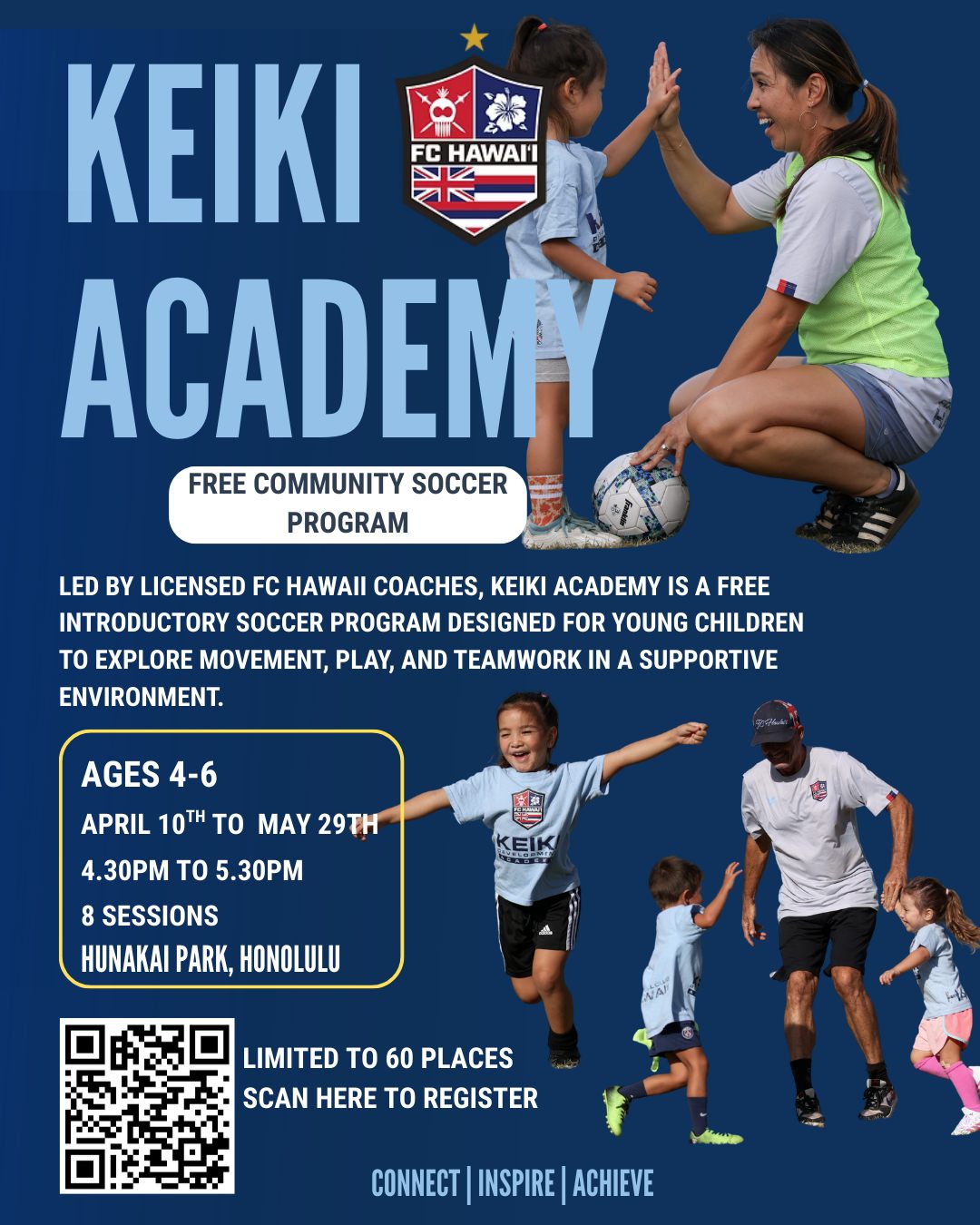 Every player starts somewhere.
Led by licensed FC Hawai‘i coaches, Keiki Academy is a free introductory soccer program designed for young children to explore movement, play, and teamwork in a supportive environment.
Our first 8-week session begins soon at Hunakai Park.
Register at the link in bio.