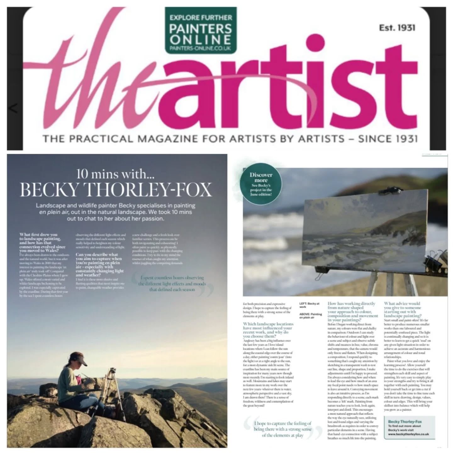 Delighted to have been featured in the May issue of The Artist magazine in a short interview about my plein air painting practice. I share insights into the whys and how, it's out now if you fancy a read! :)
The magazine is available both online and in store and is packed full of practical advice from artists working in a variety of styles to inspire your own creative journey!
Visit @paintersonline to learn more!
