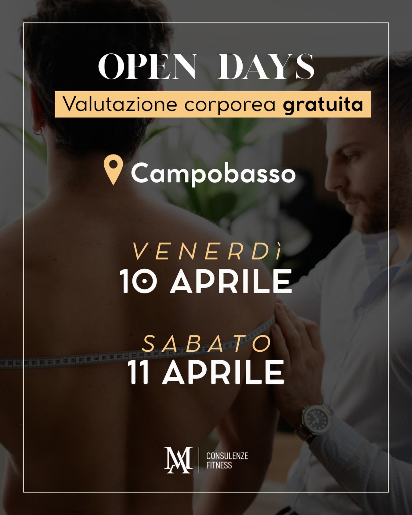 OPEN DAYS — MA CONSULENZE FITNESS | Campobasso
📅 Venerdì 10 e Sabato 11 Aprile
🎁 Valutazione della composizione corporea GRATUITA
(Posti limitati)
Vuoi capire davvero da dove partire per migliorare forma fisica e salute?
Durante l’Open Day effettueremo una valutazione completa
(plicometria + circonferenze) e riceverai una cartellina personale con:
✔️ Massa magra
✔️ Massa grassa
✔️ Punti critici da migliorare
✔️ Consigli pratici personalizzati
🎁 Bonus: guida cartacea su come gestire i pasti quando sei fuori casa
👉 Anche se non inizierai un percorso con noi, uscirai con dati precisi e indicazioni utili per migliorare fin da subito.
⚠️ L’iniziativa è gratuita ma i posti sono pochissimi.
Prenota ora il tuo posto cliccando sul LINK IN BIO ✨