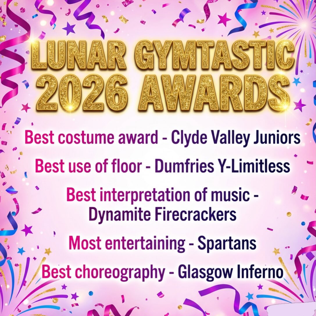 ⭐️GYMTASTIC AWARDS:⭐️
✨Congratulations to all of our Gymtastic 2025 Winners! And thank you all for coming, we enjoyed every single one of your routines! See you all again next year🥰
-Best costume💃- Clyde Valley Juniors
-Best use of floor🪩 - Dumfries Y-Limitless
-Best interpretation of music🎶 -Dynamite Firecrackers
-Most Entertaining⭐️ - Spartans
-Best choreography🕺 - Glasgow Inferno
💜Congratulations all again, The most votes on our instagram poll for your favourite routine were :
🥉- Illusion, 🥈- Lunar Eclipse ‘Young at heart’ , 🥇Lunar Titans ‘Joker.’ & Gymworld ‘Six feet between us’ 🫶