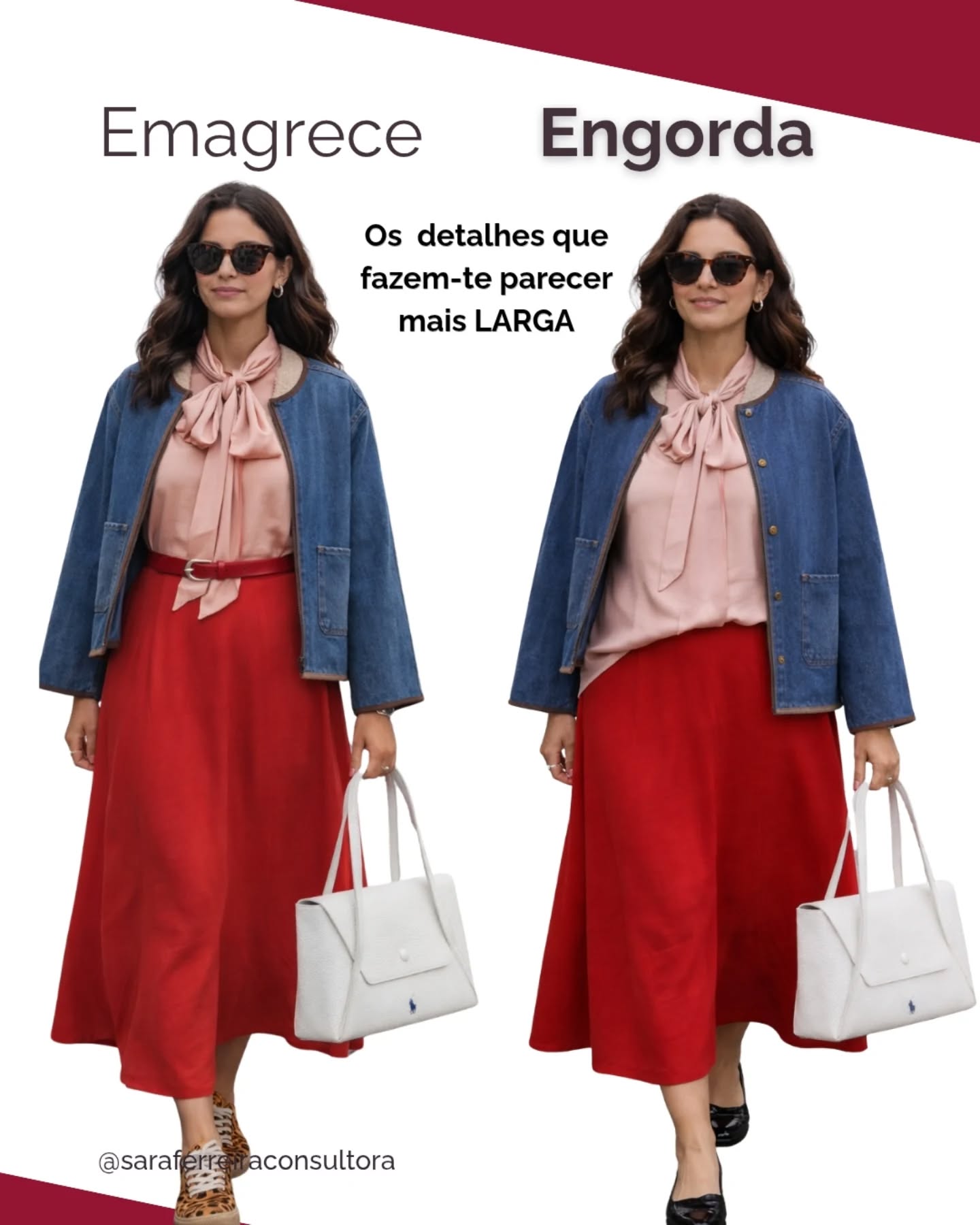 Se sentes que certas peças “engordam” ou “achatam” a tua silhueta… não é o teu corpo, é a forma como estás a construir o look.
O segredo está no equilíbrio visual, no corte das peças, na forma como crias linhas e no contraste que escolhes. Pequenos ajustes fazem toda a diferença entre um look pesado e um look leve, elegante e alongado.
Quando aprendes a ler a tua imagem, deixas de vestir por tentativa e erro e passas a ter controlo total da forma como te apresentas. E isso muda tudo, da confiança à presença.
Se queres perceber exatamente o que te valoriza e como aplicar isso no teu dia a dia, está na hora de fazeres uma sessão de consultoria de imagem comigo.
Marca a tua sessão através do link na bio ou envia mensagem privada 🤍
#consultoriadeimagem #imagempessoal #coloracaopessoal #estilopessoal