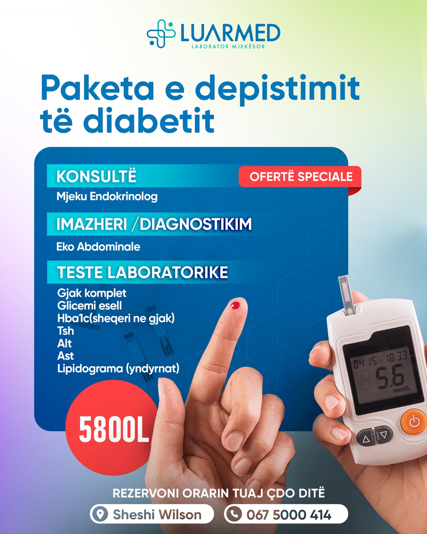 Paketa e depistimit të diabetit në LuarMed është ndërtuar për të ofruar një vlerësim të plotë përmes konsultës mjekësore, diagnostikimit dhe analizave laboratorike kryesore.
Paketa përfshin:
✅Konsultë
Mjek endokrinolog
✅Imazheri / diagnostikim
Eko abdominale
✅Teste laboratorike
Gjak komplet
Glicemi esëll
HbA1c
TSH
ALT
AST
Lipidograma
Rezervoni orarin tuaj çdo ditë pranë LuarMed.
📍 Sheshi Wilson
📞 067 5000 414
#LuarMed #DepistimiDiabetit #Diabeti #Endokrinolog #TesteLaboratorike