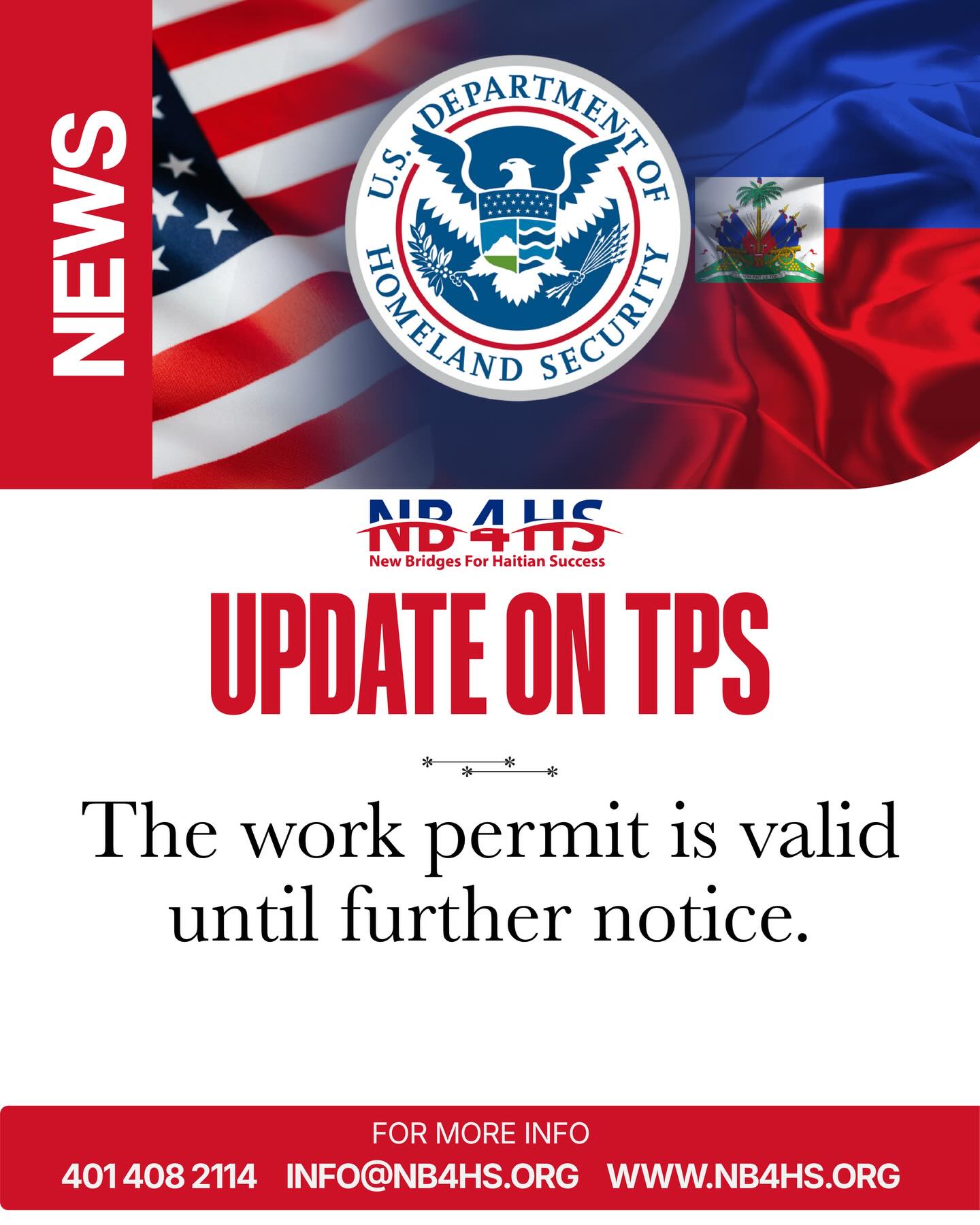 📢 🇭🇹 TPS UPDATE FOR OUR COMMUNITY
The work permit is valid until further notice.
Pèmi travay la rete valab jiskaske gen nouvo avi.
👉 Stay informed
👉 Check your status
👉 Don’t wait until the last minute
📍 NB4HS is here to support you — FREE assistance available
📩 Contact us or visit us today
