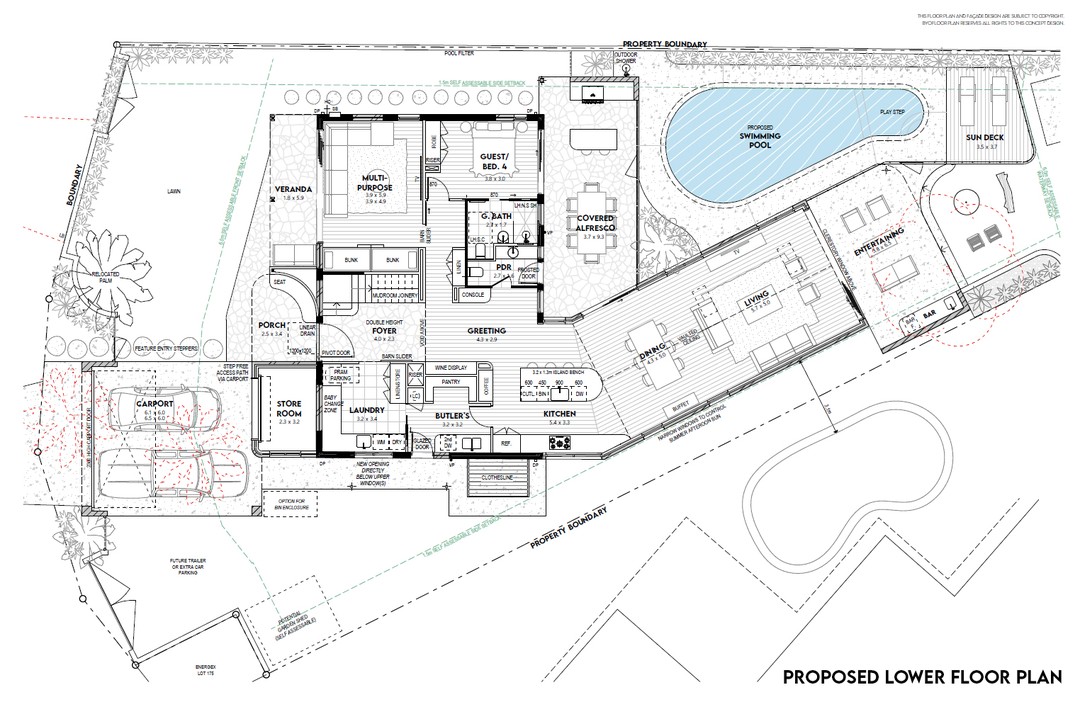 Conversion from a 70s brick and tile into a Palm Springs-inspired coastal summer retreat.
Previously an upside-down 3x2, this home now showcases:
- Open plan Living-Dining with a vaulted ceiling and water views
-Modern Kitchen, Butlers Pantry & Laundry all linked
- Downstairs guest wing + powder
- Multipurpose room with buinks facing the sunny front yard
- New grand entry foyer with void over
Double carport + lockup storage
- Master suite with water view
- Family style common bathroom
- Two covered alfresco areas
- Balcony behind second storey planter box
- New Pool & firepit area!
Our Renovation Overlay Plans help to show how the concept design relates to the existing home's layout making it easier to understand on paper and when standing on site.
The project is now under construction in the capable hands of @4drenovations