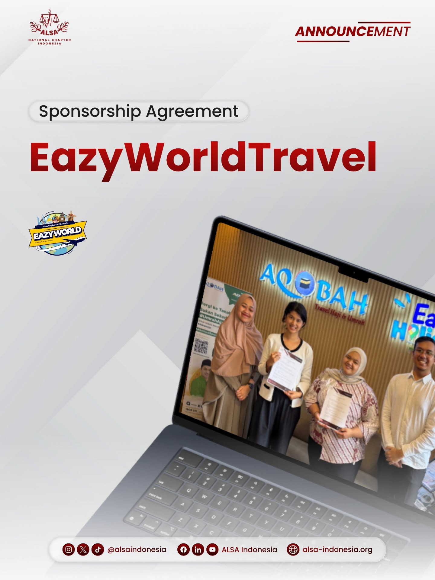 Warm Greetings, ALSAians!
ALSA Indonesia is proud to announce its official sponsorship with EazyWorldTravel. This collaboration marks a significant milestone in our commitment to fostering global perspectives and professional growth for law students across the nation.
ALSA. Always be One!