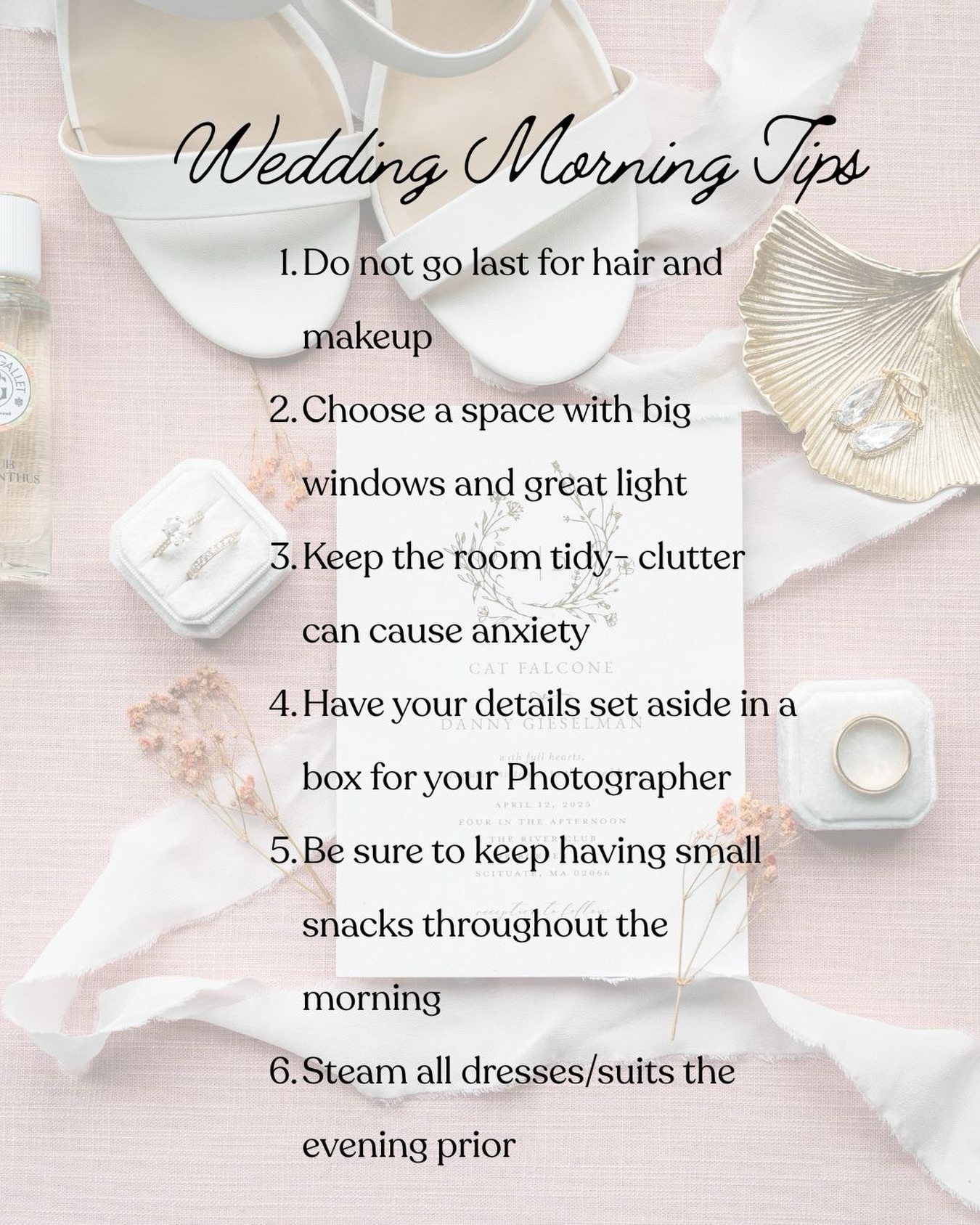 Wedding mornings don’t have to feel chaotic. They just need a little strategy 🤍
After photographing a lot of wedding days, these are the small things that make the biggest difference. Good light, a calm room, snacks, and having everything ready before the dress goes on will completely change how the morning feels (and how the photos turn out).
Save this if you’re planning, and if you want a photographer who keeps things running smoothly without making it feel like a production, you know where to find me ✨
