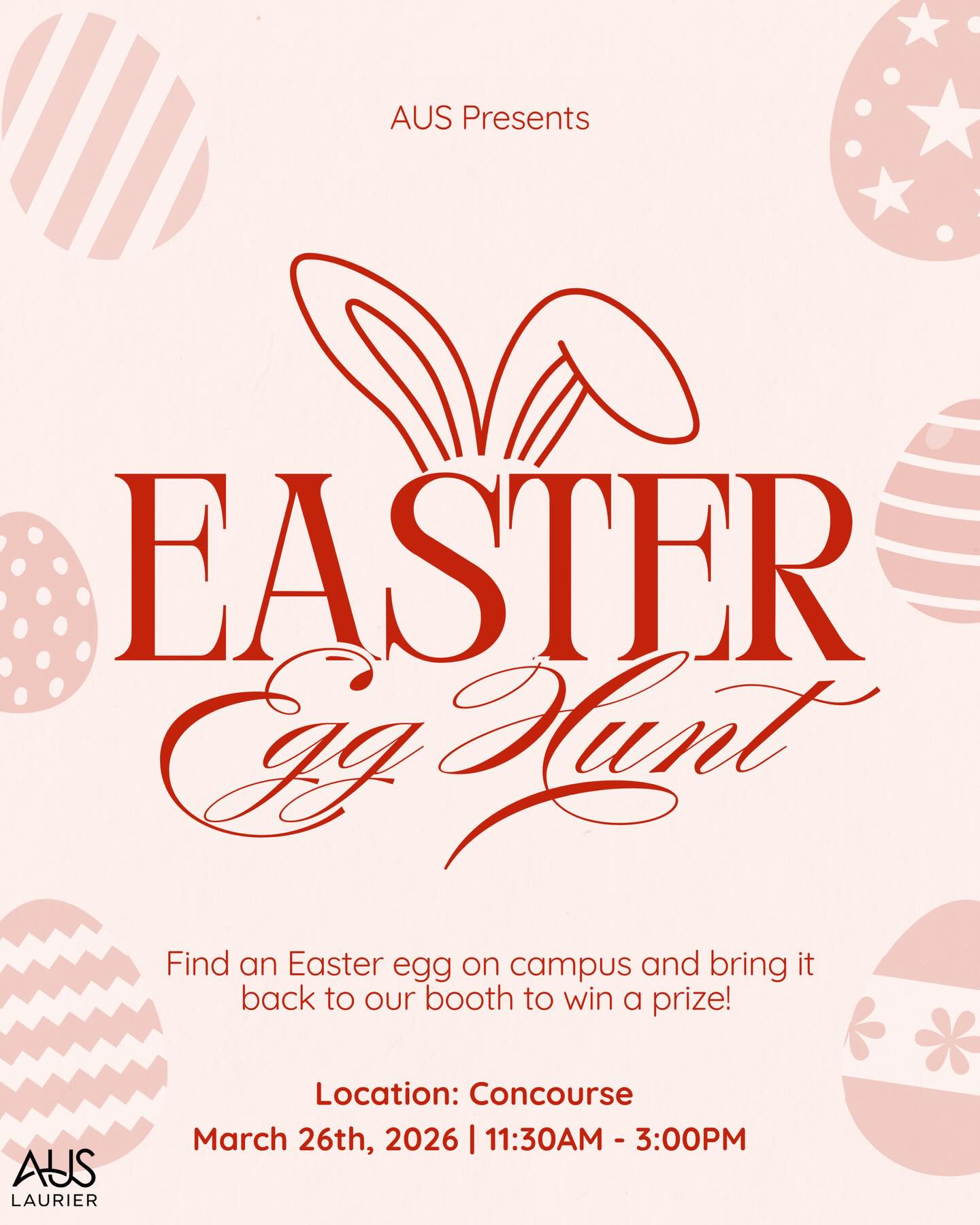 Hey Golden Hawks 🐣
AUS is hosting an Easter Egg Hunt on March 26th from 11:30am to 3:00pm at the Concourse
Find an egg around campus and bring it back to our booth to win a prize
Free event with prizes available until supplies last!!
Got questions? Come talk to us at our booth in the Concourse
Come by and join us 🐰