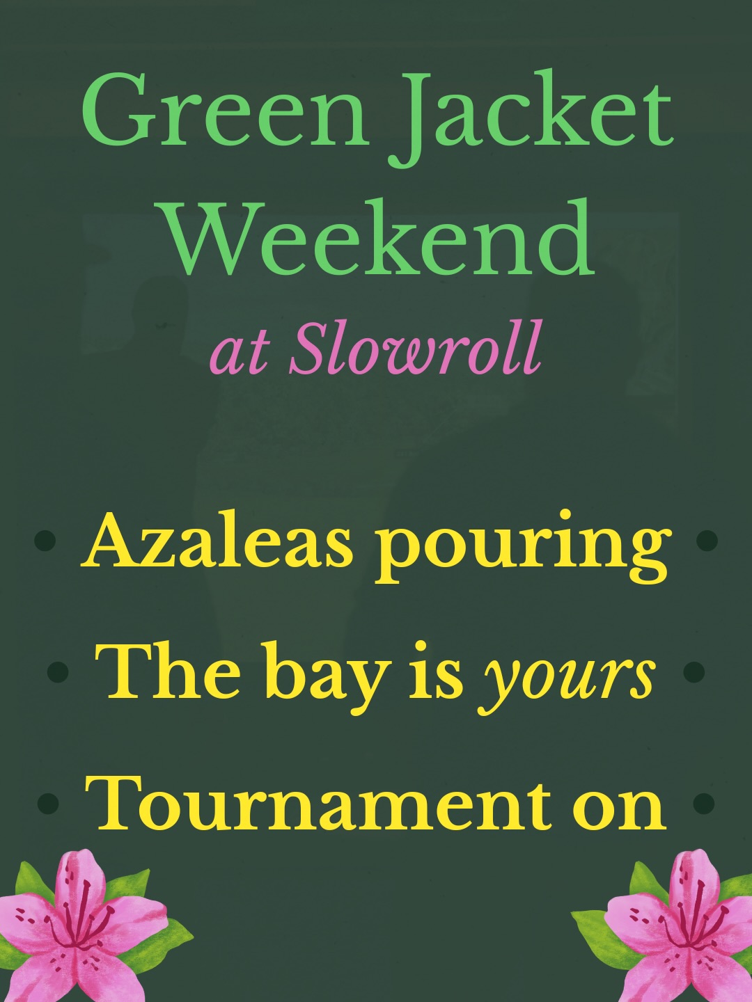 Hello, friends.
Enjoy your favorite Major from the comfort of Slowroll this year. Tournament on the TV, complimentary azalea cocktails, and a top-tier golf simulator.
All you need to do is book any tee time on 4/11 or 4/12. BYOB/BYOF as always.
Can’t wait to see our patrons ⛳️
#SlowrollGolf #SkippackVillage