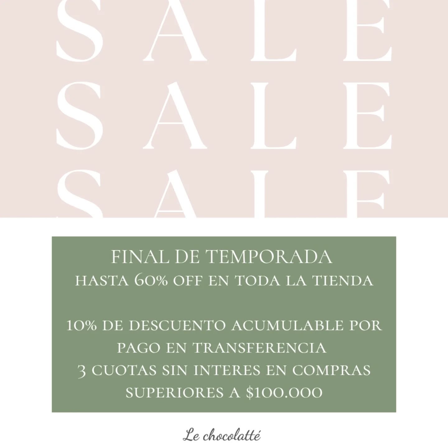 Liquidación de toda la temporada en nuestra web! Descuentos en velas y difusores de diseño!!
Hasta 60% de descuento!!!🤩
3 cuotas sin interes en compras superiores a 100.000
Y 10% de descuento adicional si abonas por transferencia!
Envios a TODO el pais 📦🇦🇷
👉🏻Www.lechocolatte.com