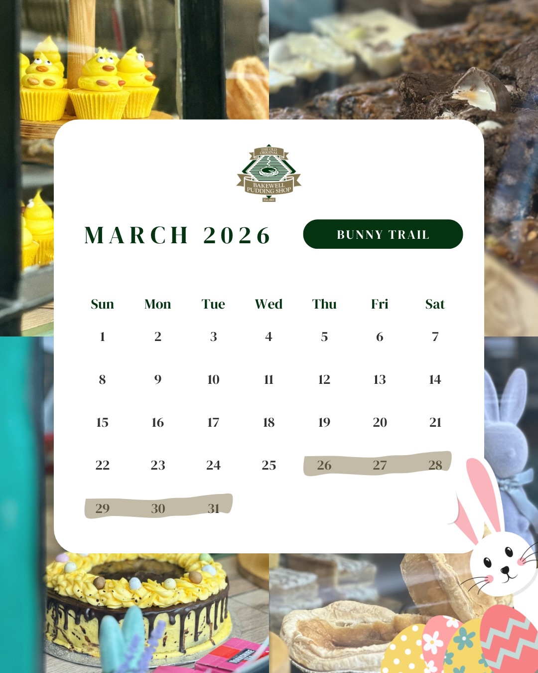 Countdown to the Bakewell Bunny Trail 2026! 🐣 running 26th March - 6th April 2026🐰
🌸 WHAT IS IT?
A delightful scavenger hunt around Bakewell. Letters are hidden in windows are 24 participating local shops. Find them, write them down and crack the code!
🍪YOUR REWARD?
Once you have solved it, hop back to The Old Original Bakewell Pudding Shop to claim your FREE Bunny shaped Gingerbread Biscuit, baked fresh by @thebakewellbakery
🐇 HOW TO TAKE PART?
Pick up your trail map from any of the counters at The Old Original Bakewell Pudding Shop anytime between 26th March - 6th April. You can also download your map from our Website using the 🔗 in our bio!
Bring your little bunnies with you and join in on the Easter Fun! 🤩 we can’t wait to see you