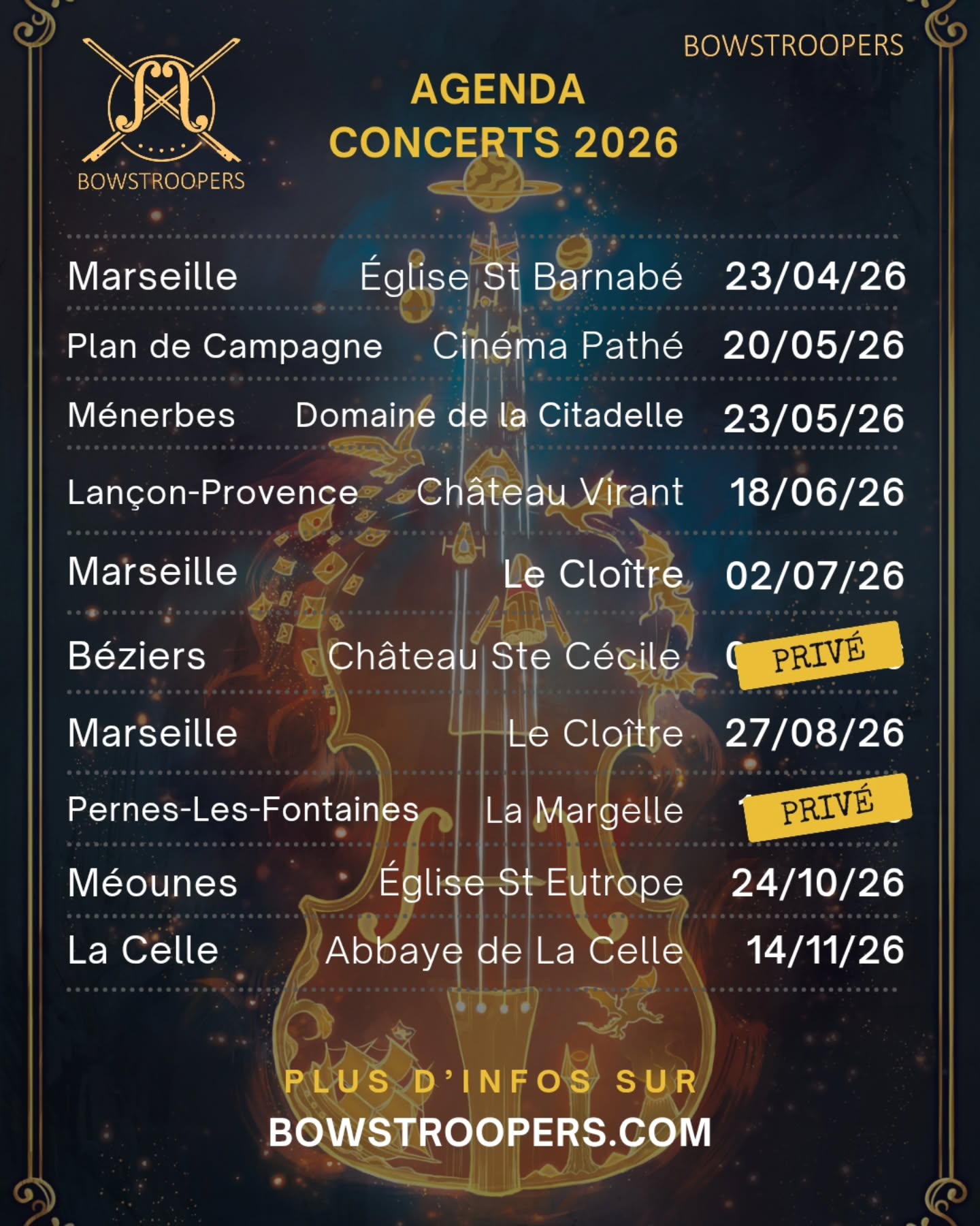 🎻💥 À VOS AGENDAS 😍📆
Nous sommes très fiers de vous dévoiler nos premières dates de 2026 🎻✨️
Au programme : musiques de films, concerts à la bougie, du Harry Potter, du Star Wars... il y en a pour tous les goûts 💛
Et d'autres dates seront annoncées très bientôt... 🤫
-----------
Concert | Musiques de films | Violon | Reprises | Hans Zimmer | John Williams | Quatuor | Marseille | Bowstroopers | Harry Potter | Star Wars | Alto | Acoustique | Concert à la bougie |
#concert #violon #concertamarseille #concertàlabougie #quatuor