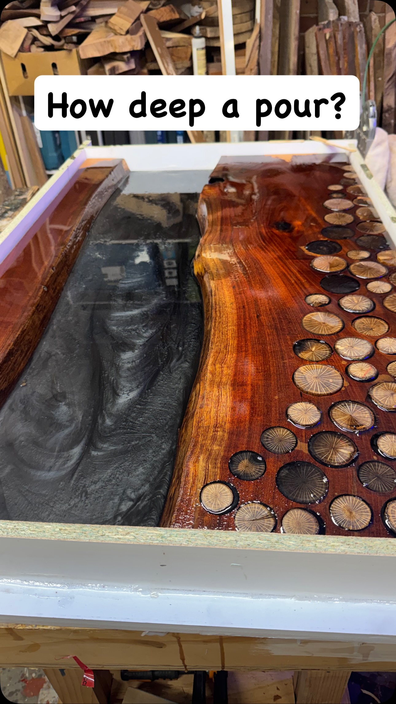 Starting the pour. I am always a little paranoid that I have made the mold leak free. I have not done a pour this big for a while. Little annoyed as I thought I had more deep epoxy than I have. But also thinking of another design feature! #epoxy #furniture #bespoke #handmade #supportsmallbusiness