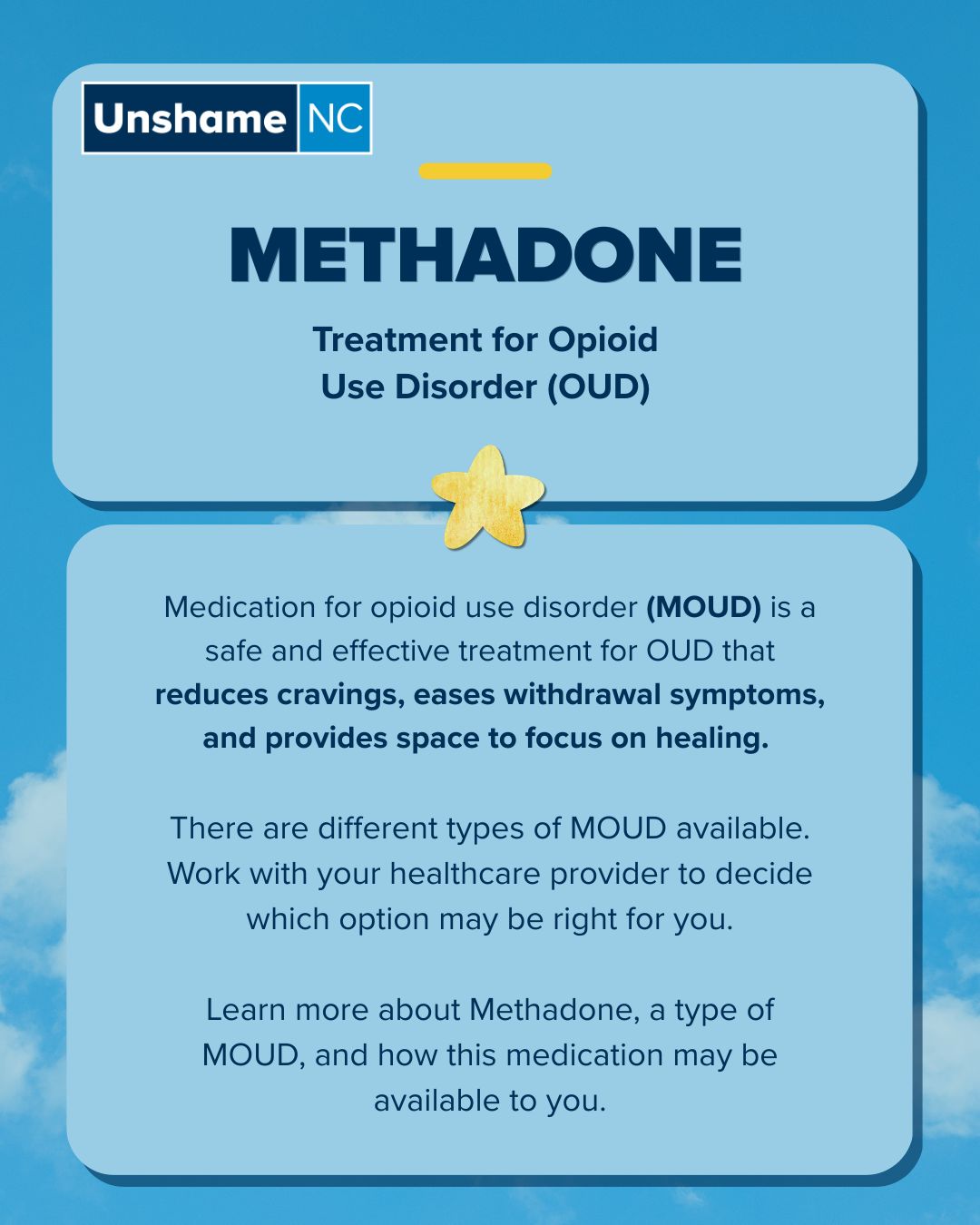 We're diving deeper into the different types of medication for opioid use disorder (MOUD) that are available in North Carolina, and today, we're talking about methadone. Methadone is a treatment that is taken orally, either as a tablet or a liquid. At the start, it is administered at in-person treatment facilities, but over time, it may become available as an at-home prescription.
Find which MOUD treatment option might be right for you and how to access it at nctreatmentconnection.com.